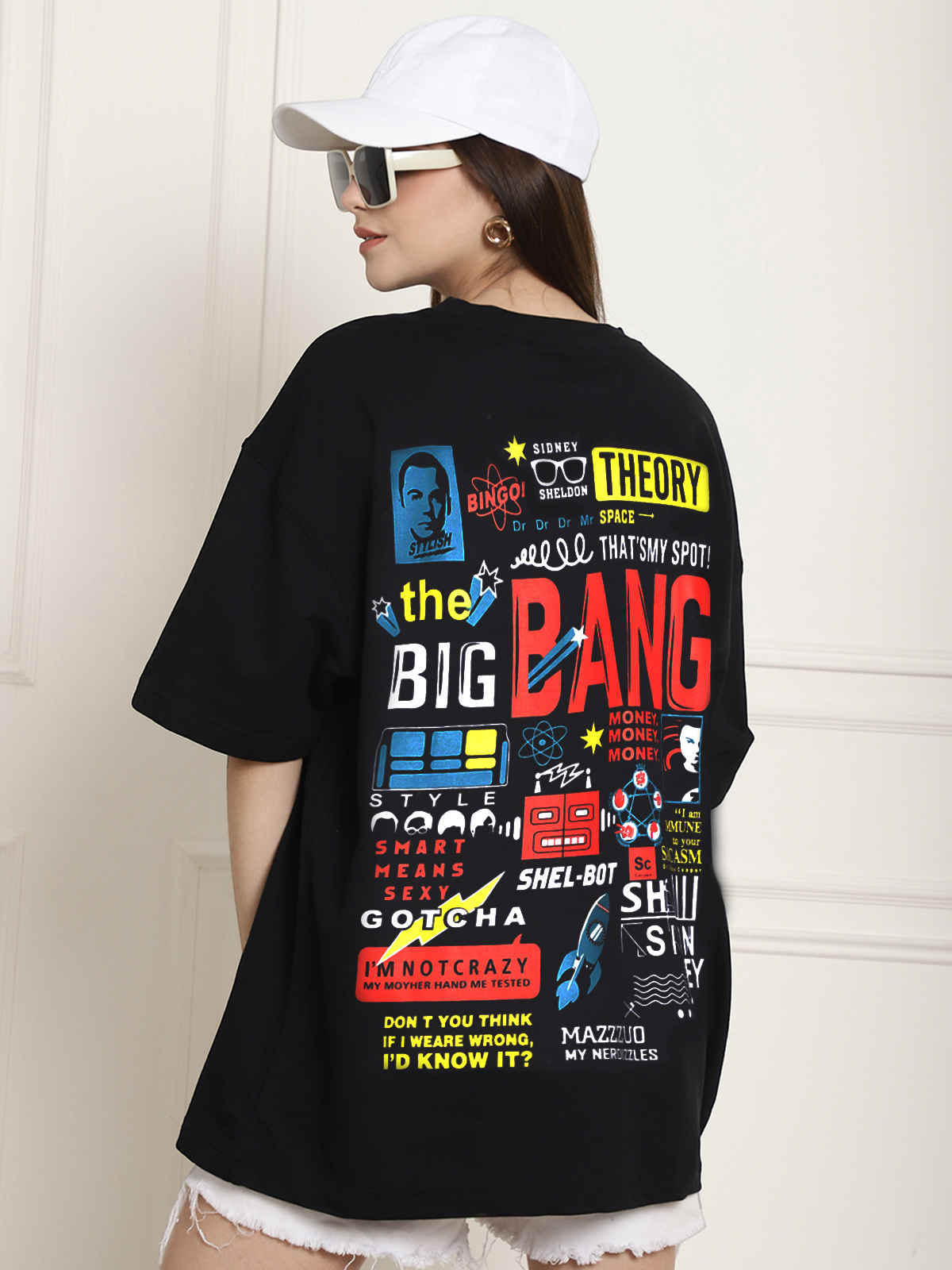 Fabflee Women's Oversize Cotton Printed Round Neck Tshirt | Black | NEX-OS-504 | L