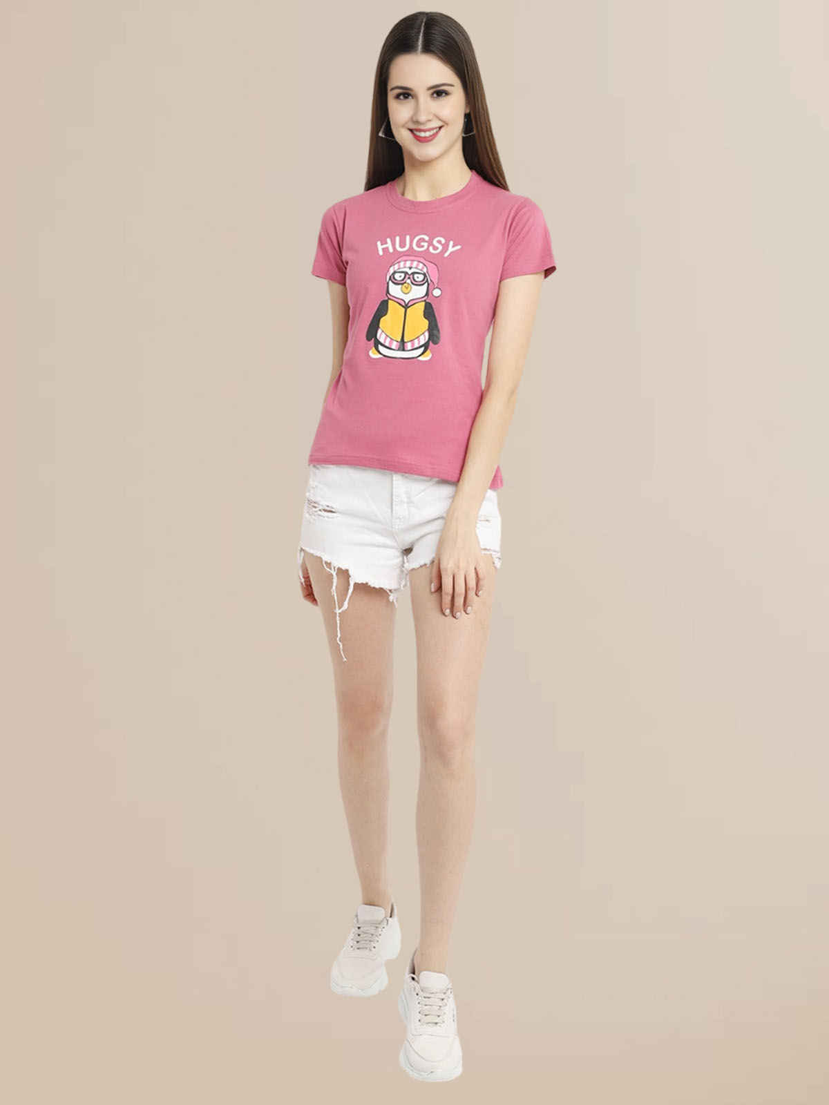 Fabflee Women's Regular Cotton Printed Round Neck Tshirt | Pink | NEX-WT-35 | M