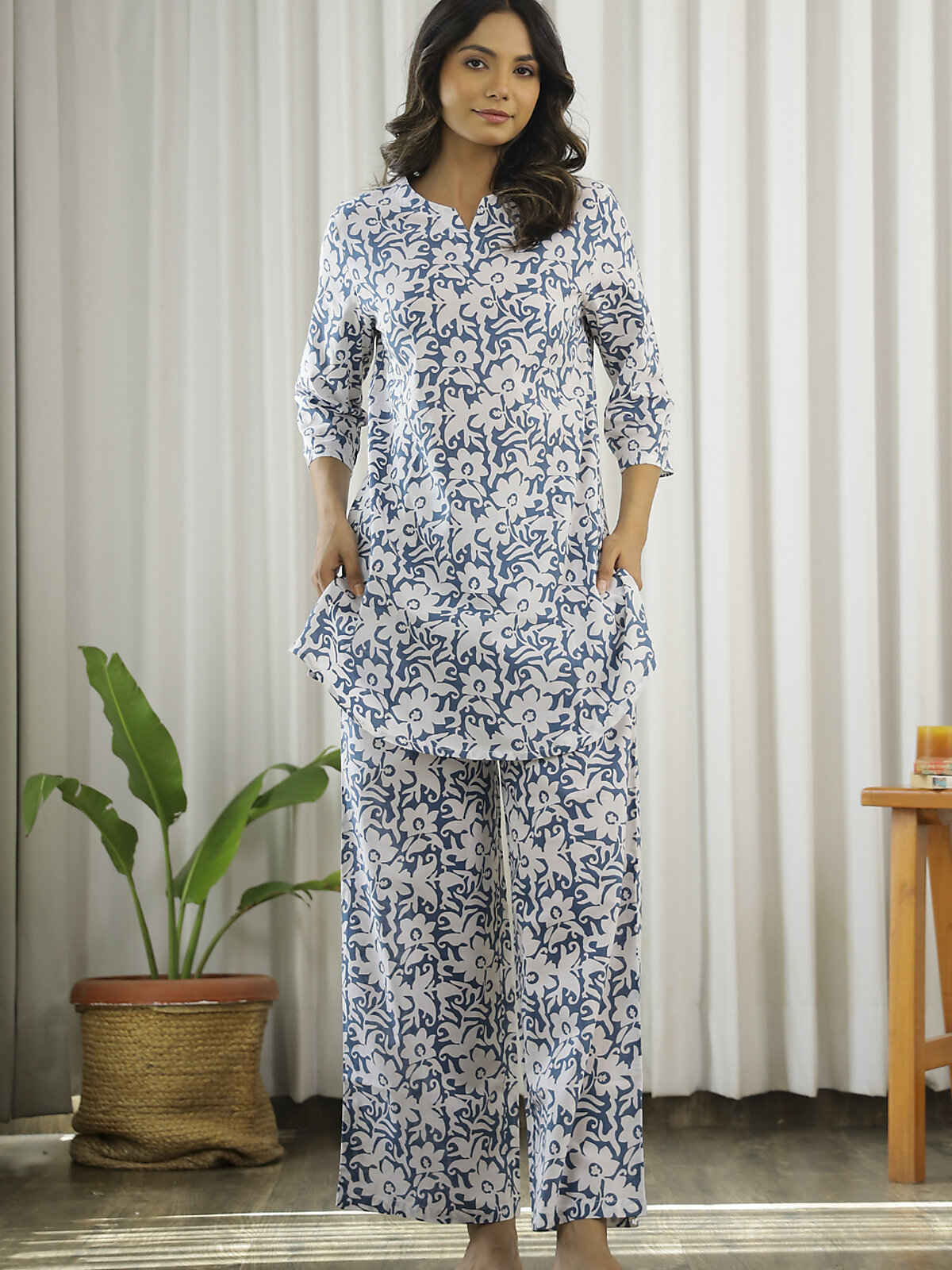 Sanskrutihomes Shirt Collar Pure Cotton Night Suit | Blue - S