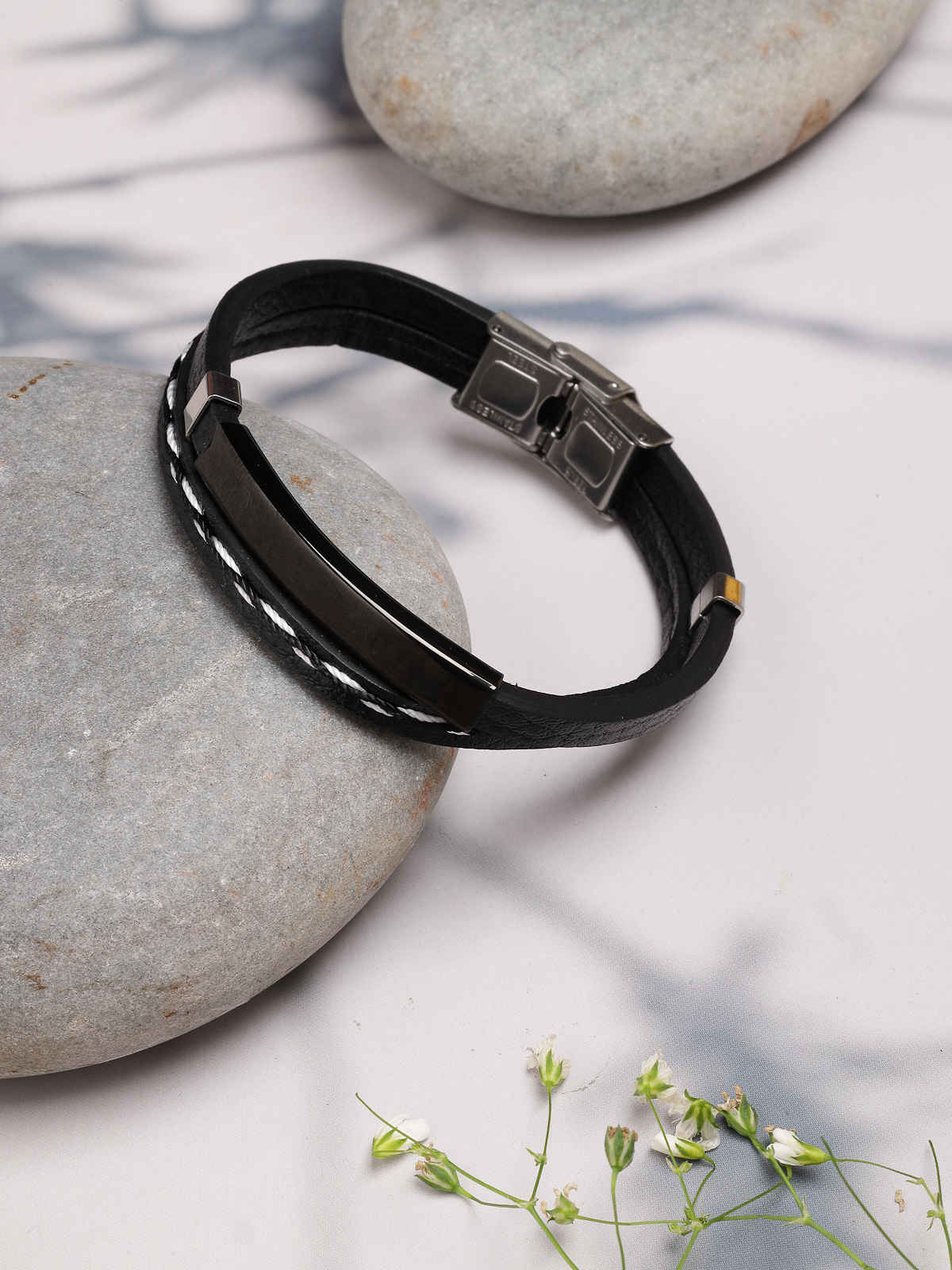 Scintillare By Sukkhi Charming Leather Silicon Wristband Black Bracelet for Men & Boys Unisex
