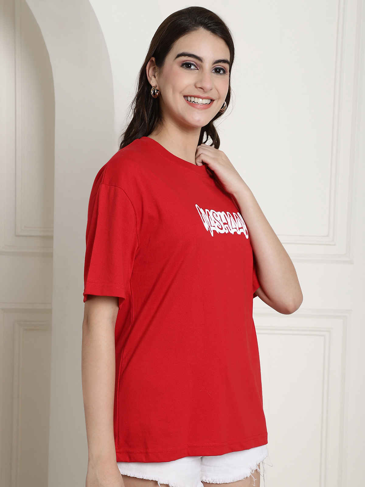 Fabflee Women's Oversize Cotton Printed Round Neck Tshirt | Red | NEX-OS-505 | L