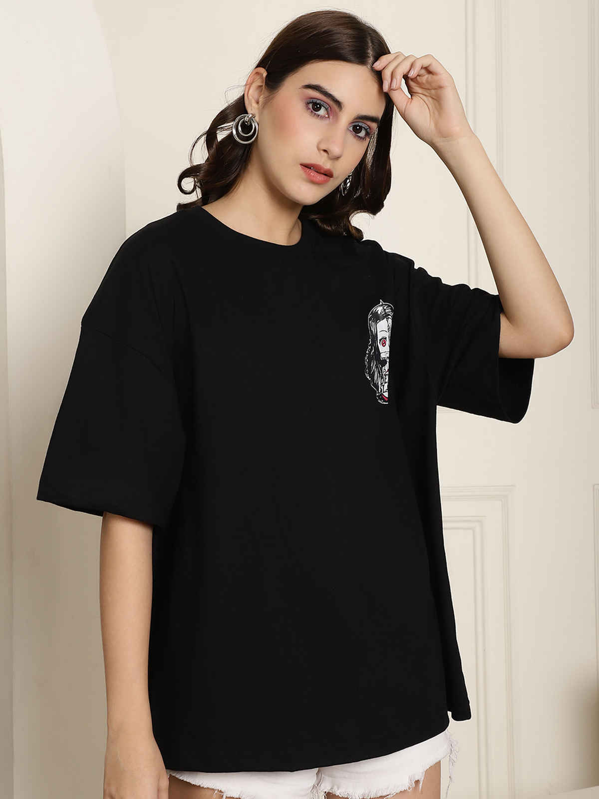 Fabflee Women's Oversize Cotton Printed Round Neck Tshirt | Black | NEX-OS-512 | L