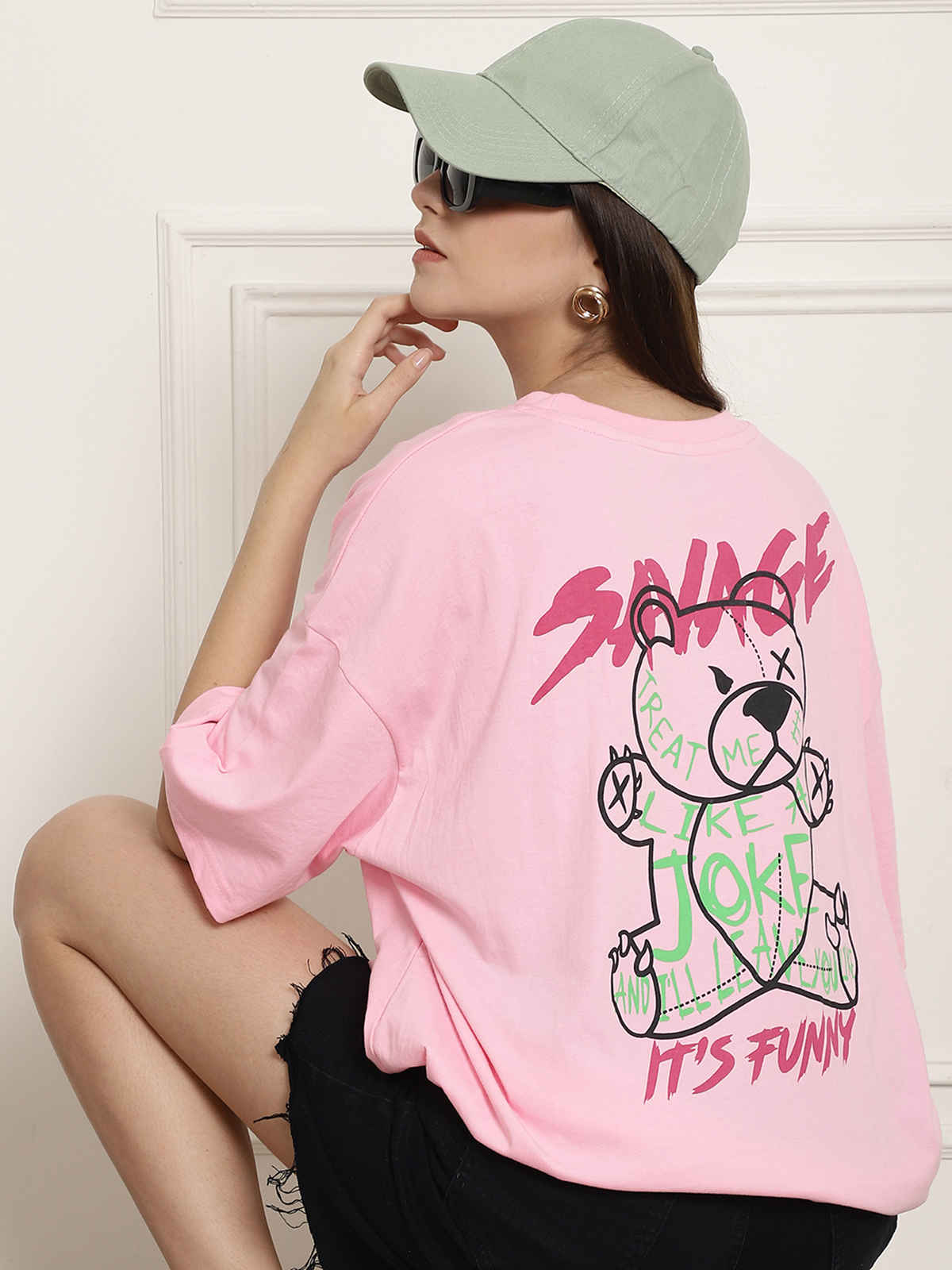 Fabflee Women's Oversize Cotton Printed Round Neck Tshirt | Pink | NEX-OS-509 | S