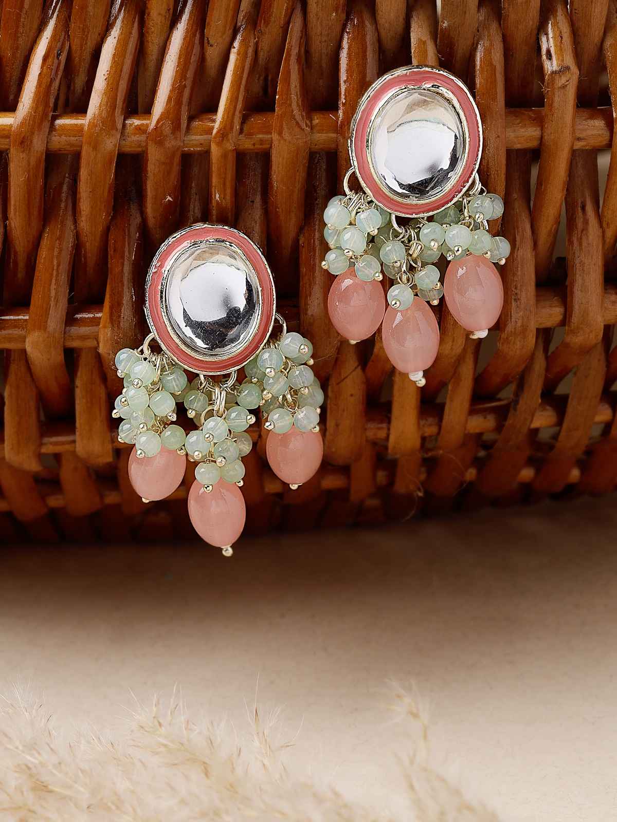 Studio Sukkhi Stylish Gold Plated Pink & White Kundan Meenakari Drop Earrings for Women