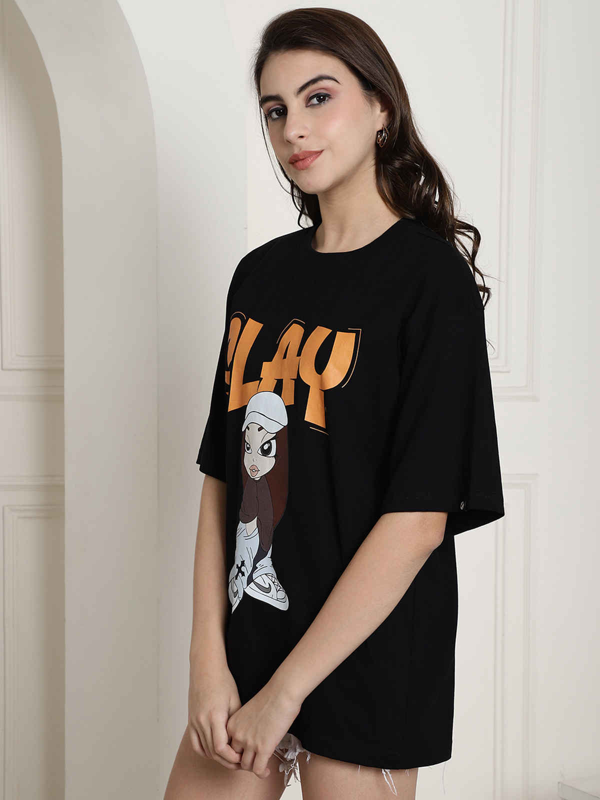 Fabflee Women's Oversize Cotton Printed Round Neck Tshirt | Black | NEX-OS-501 | L