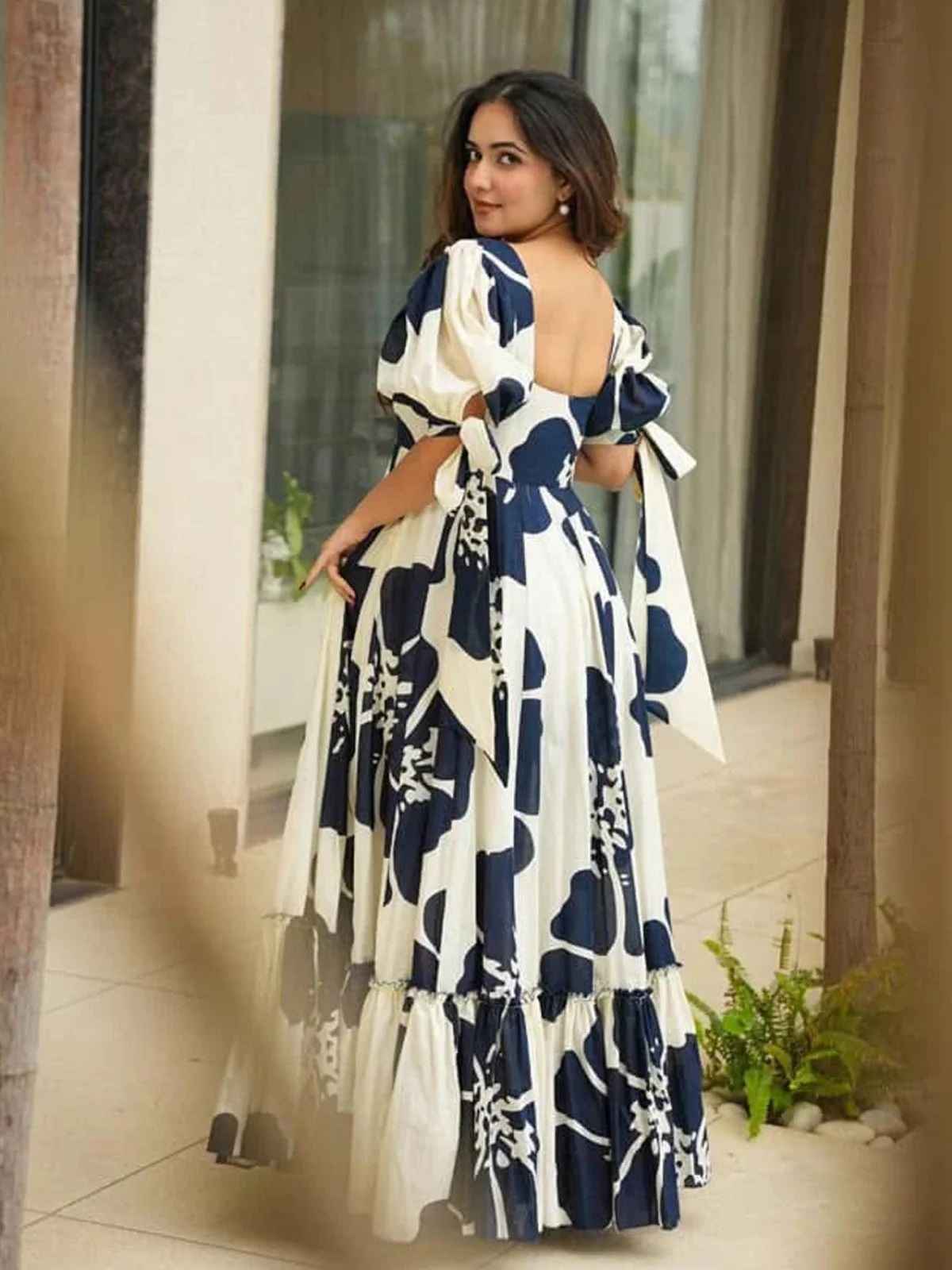 Sheetal Associates Women's Fit And Flare Maxi Full Length Dress | 12433 | Blue And White - S