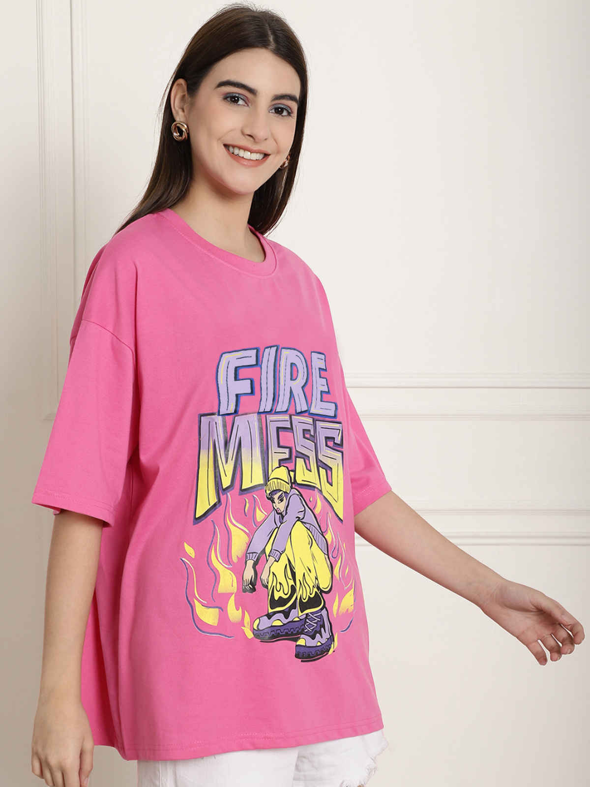 Fabflee Women's Oversize Cotton Printed Round Neck Tshirt | Pink | NEX-OS-510 | L