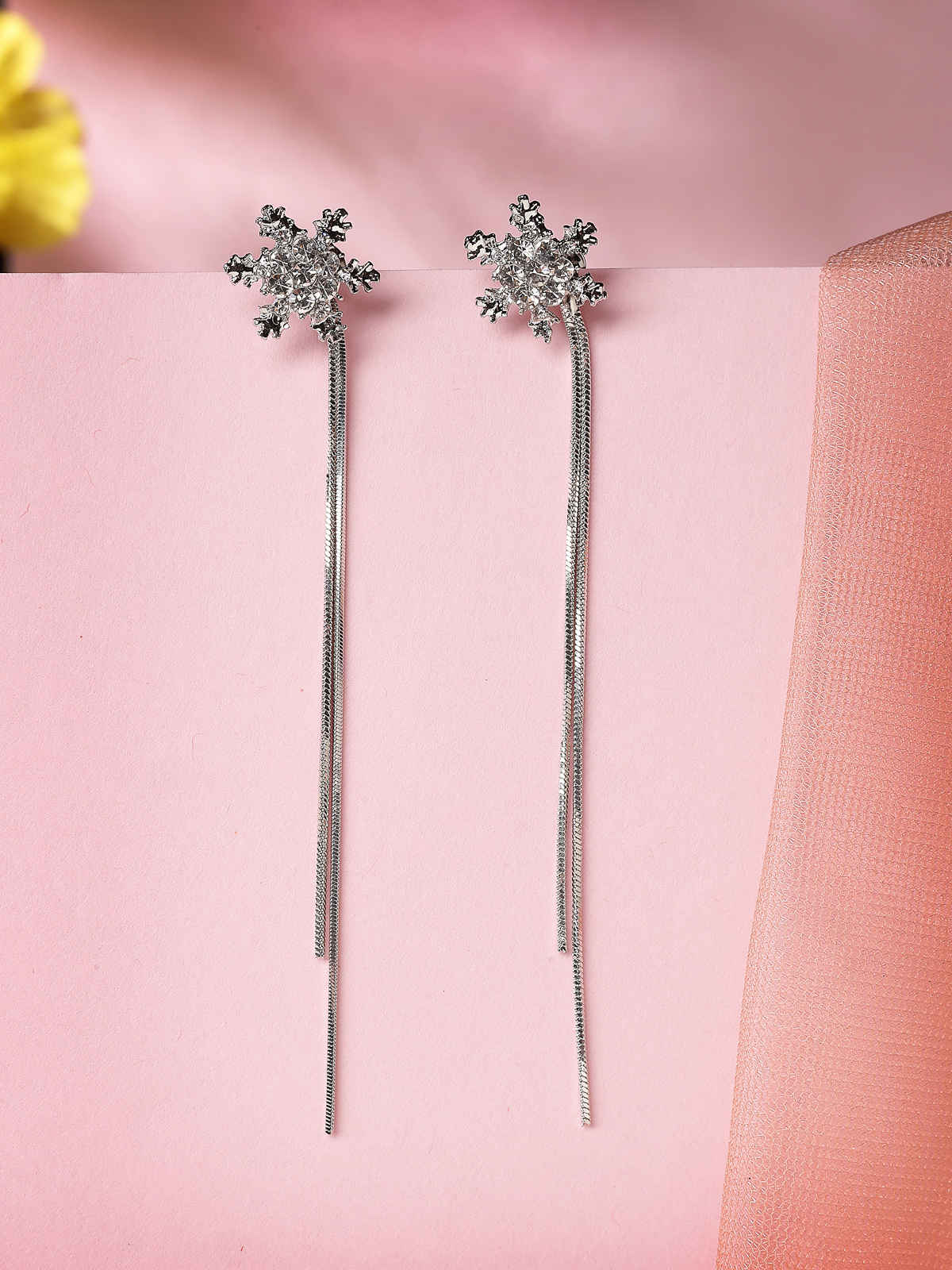 Scintillare By Sukkhi Floral Shiny Crystal Diamond Long Silver Dangle Earrings For Women | E107239