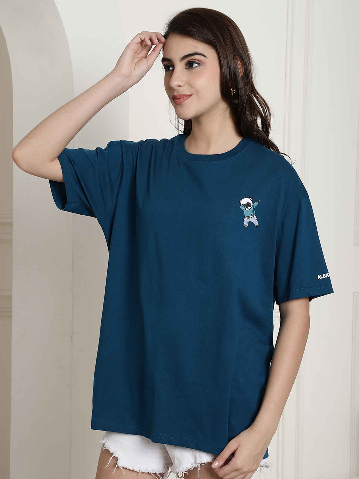Fabflee Women's Oversize Cotton Printed Round Neck Tshirt | Blue | NEX-OS-503 | M