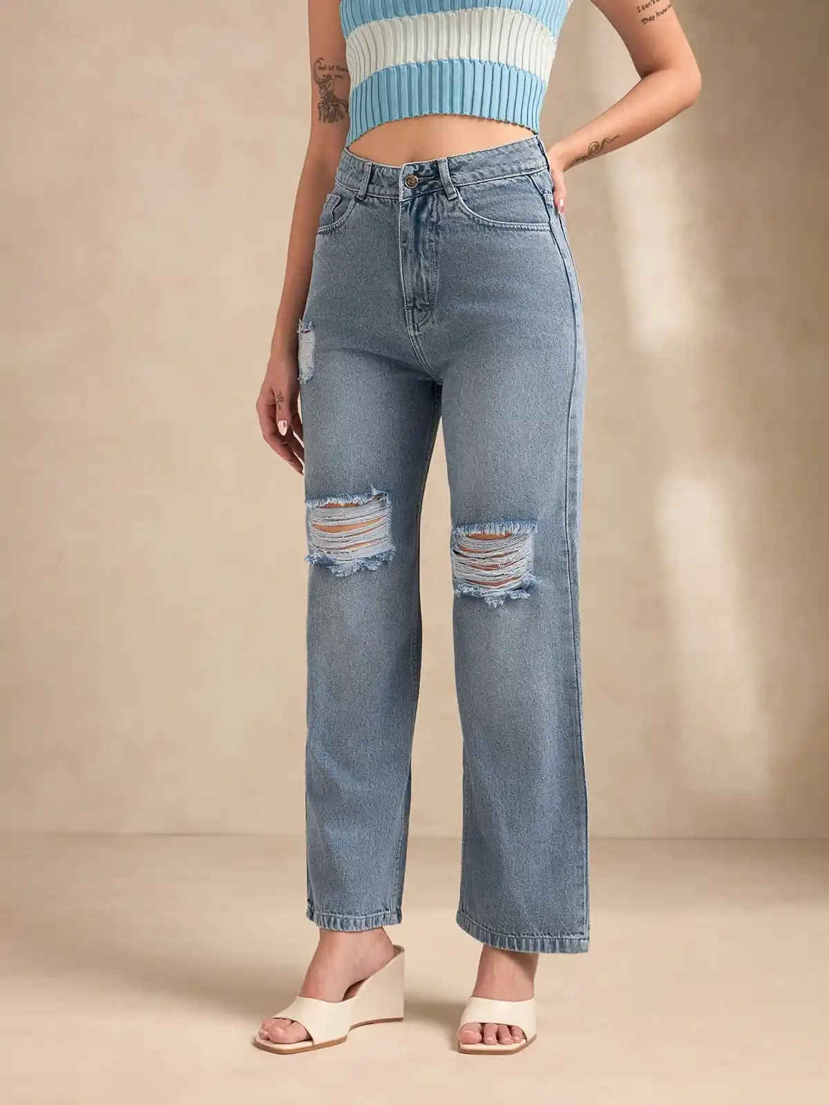 Aadvi Fashion Women's High-Rise Ripped Jeans | Light Blue - 34