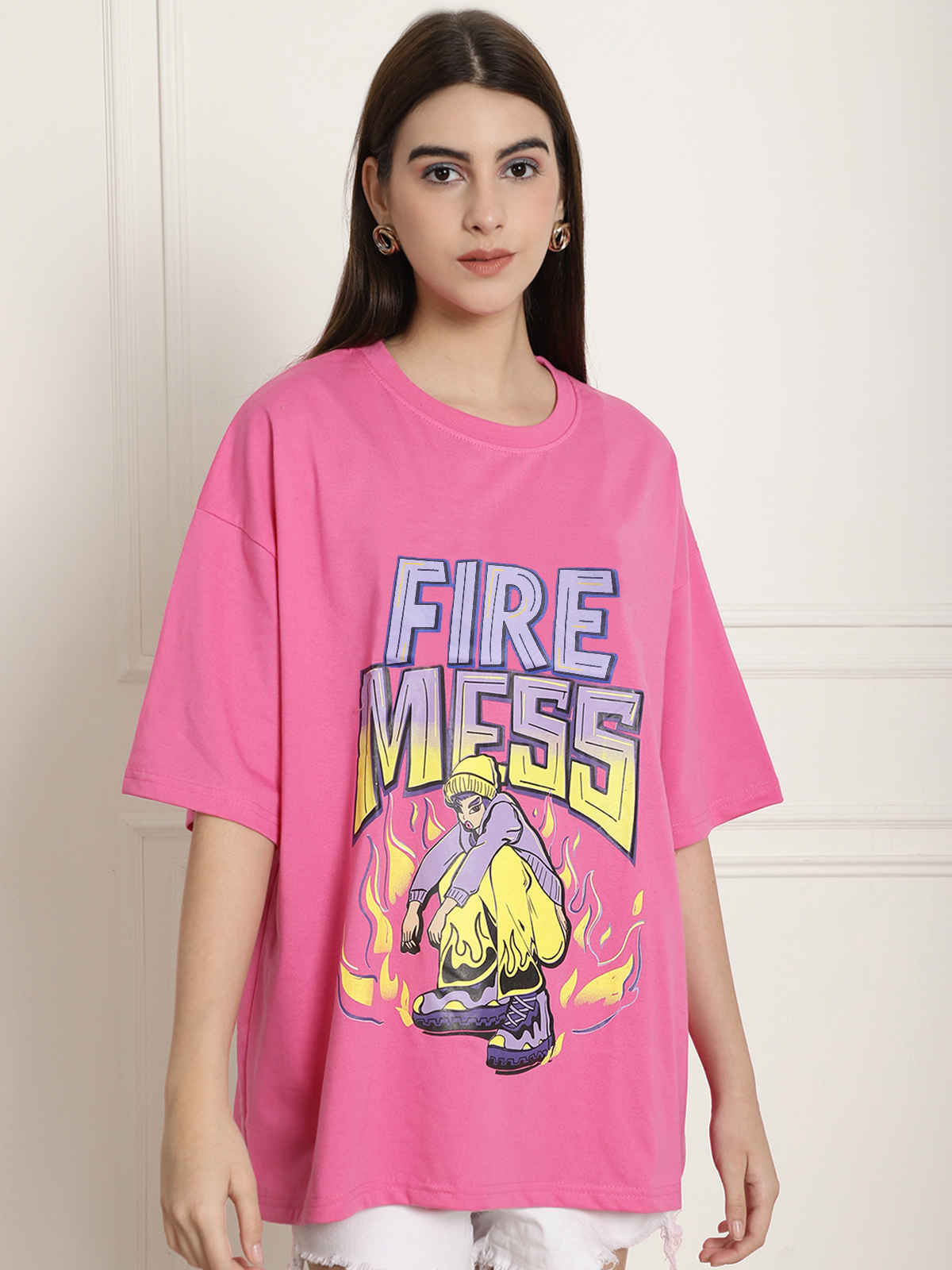 Fabflee Women's Oversize Cotton Printed Round Neck Tshirt | Pink | NEX-OS-510 | L