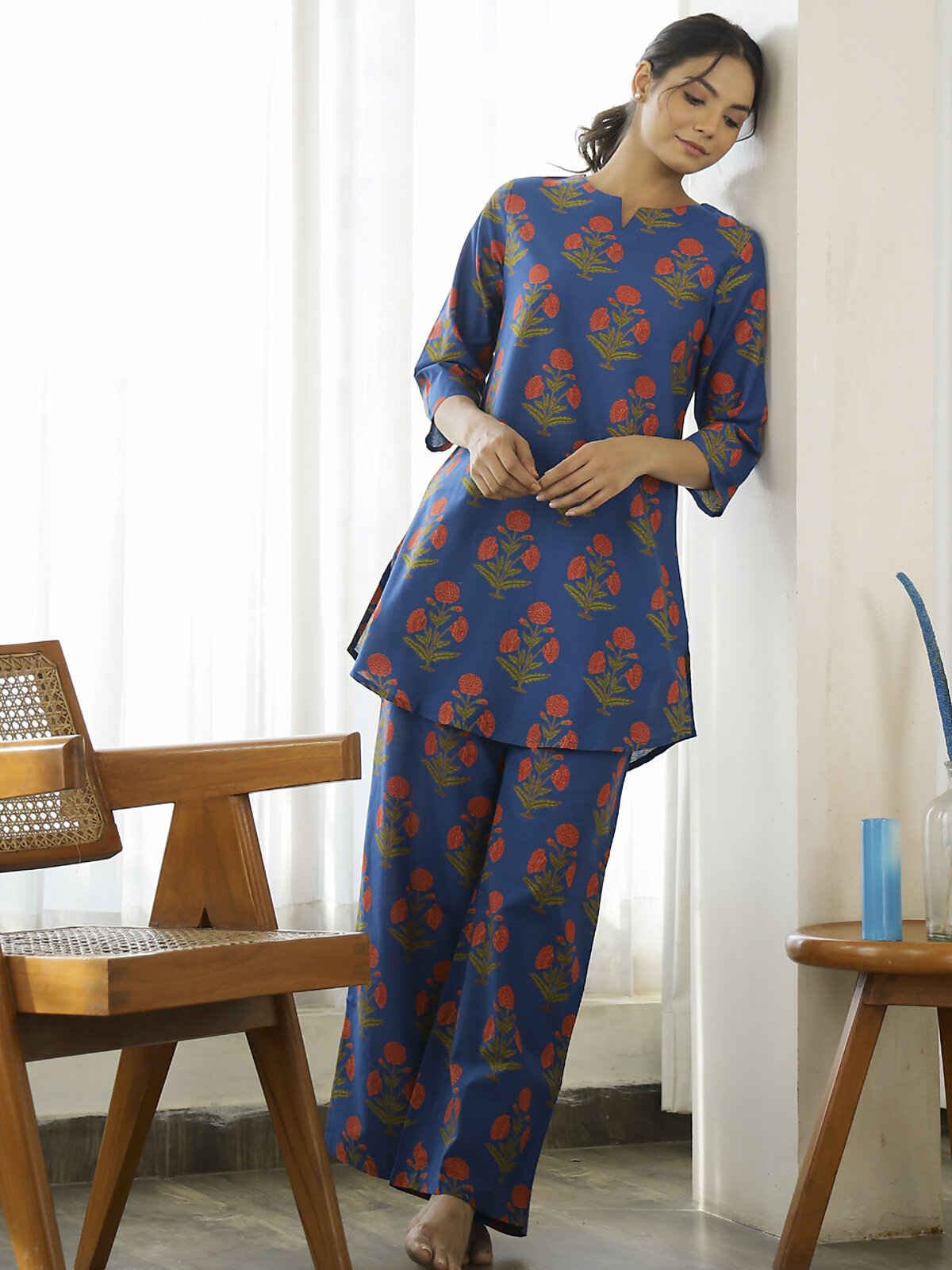 Sanskrutihomes Floral Printed Pure Cotton Night Suit | Blue - S