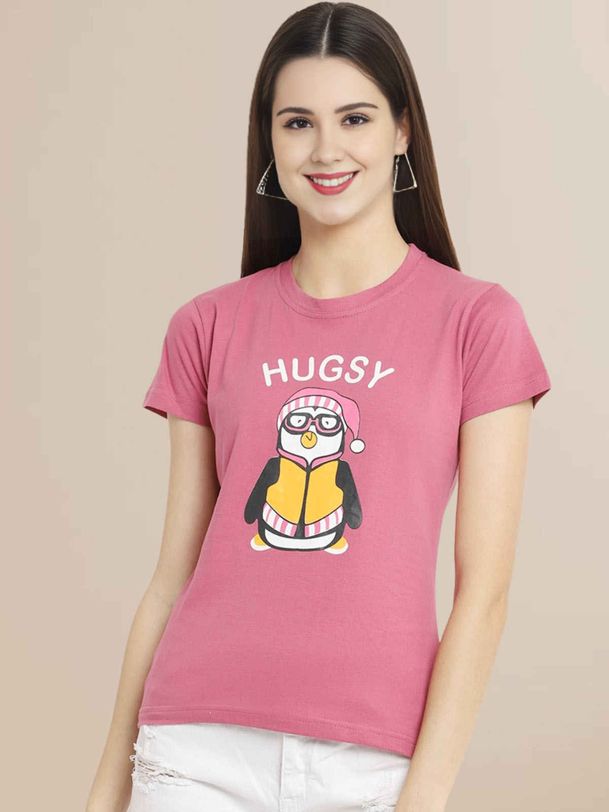 Fabflee Women's Regular Cotton Printed Round Neck Tshirt | Pink | NEX-WT-35 | M