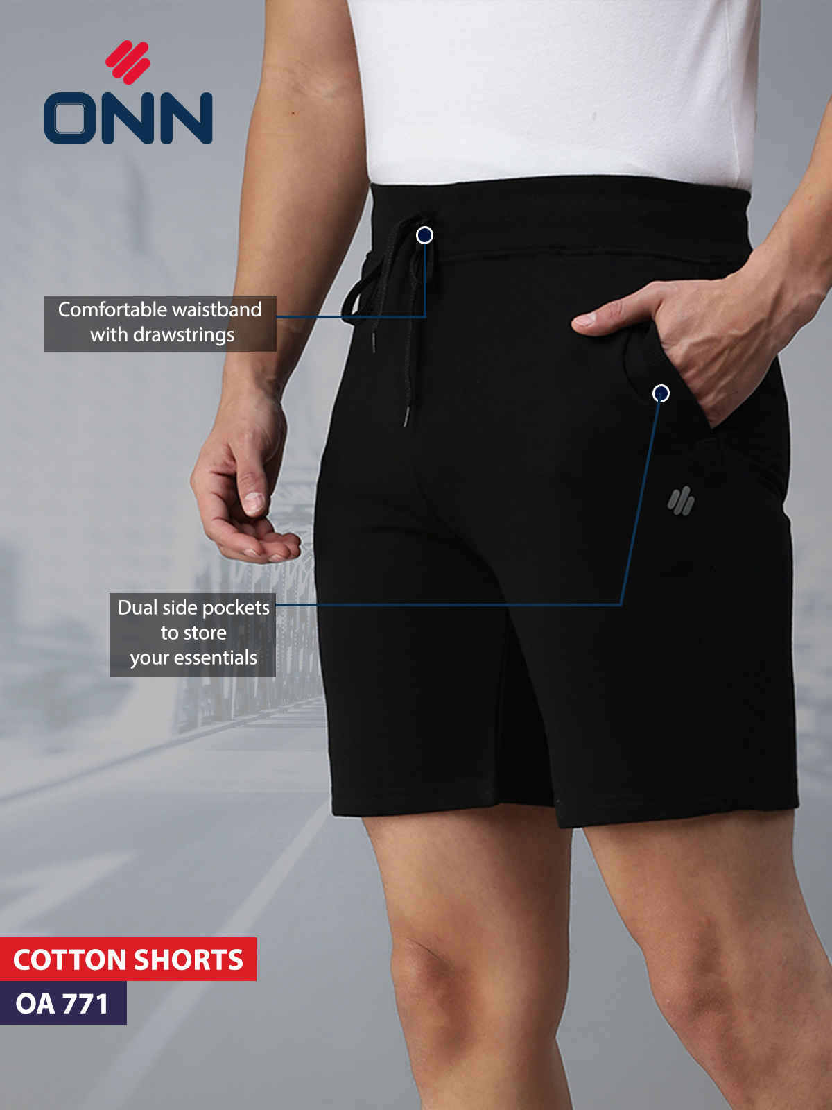 Onn French Terry Active Superior Cotton Shorts | Black Melange - S