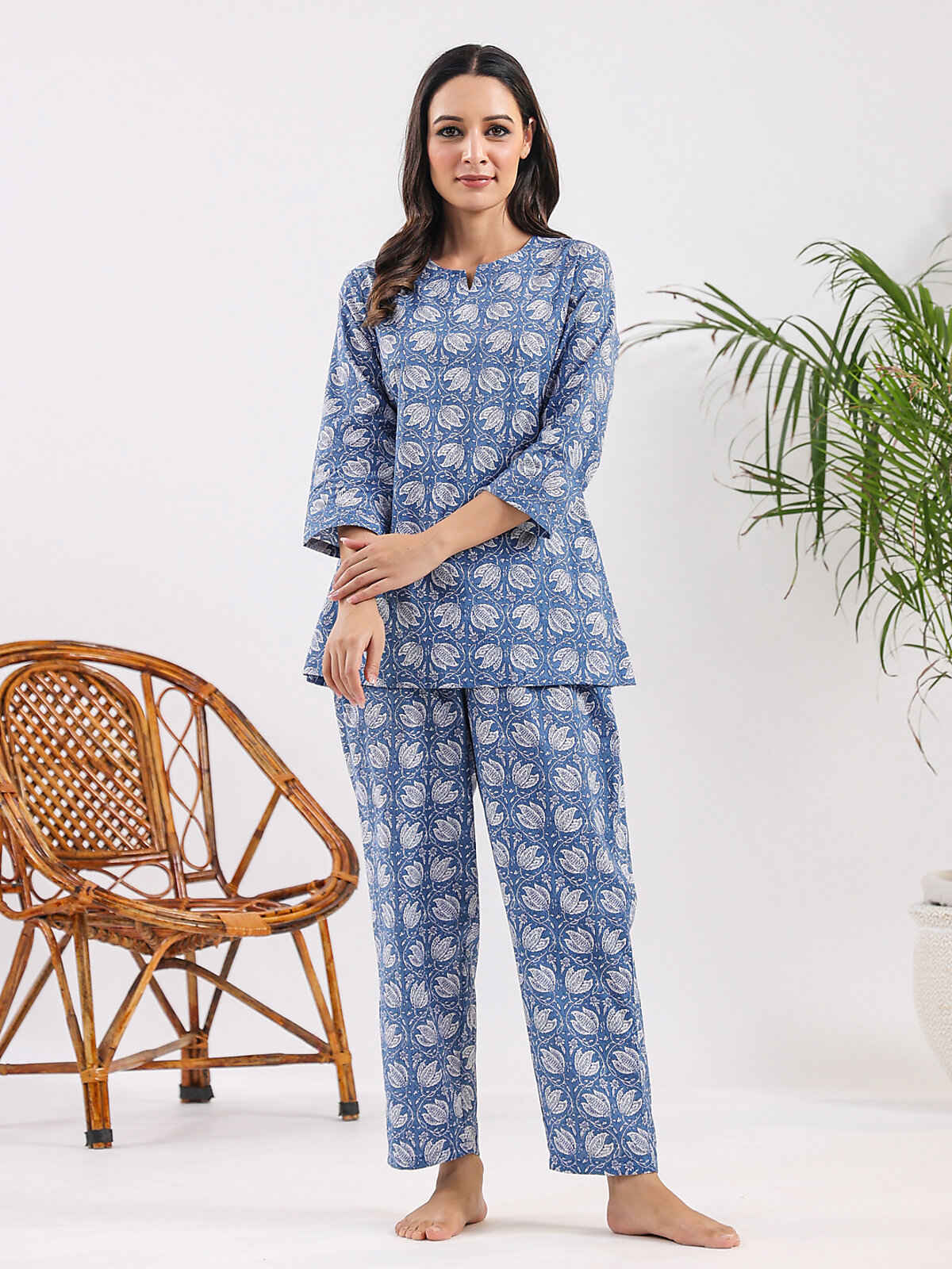 Sanskrutihomes Printed Pure Cotton Night Suit | Blue - S