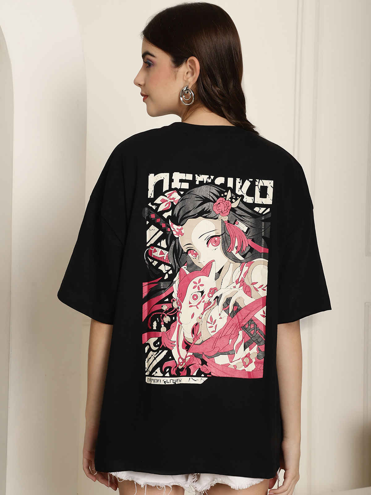 Fabflee Women's Oversize Cotton Printed Round Neck Tshirt | Black | NEX-OS-512 | L