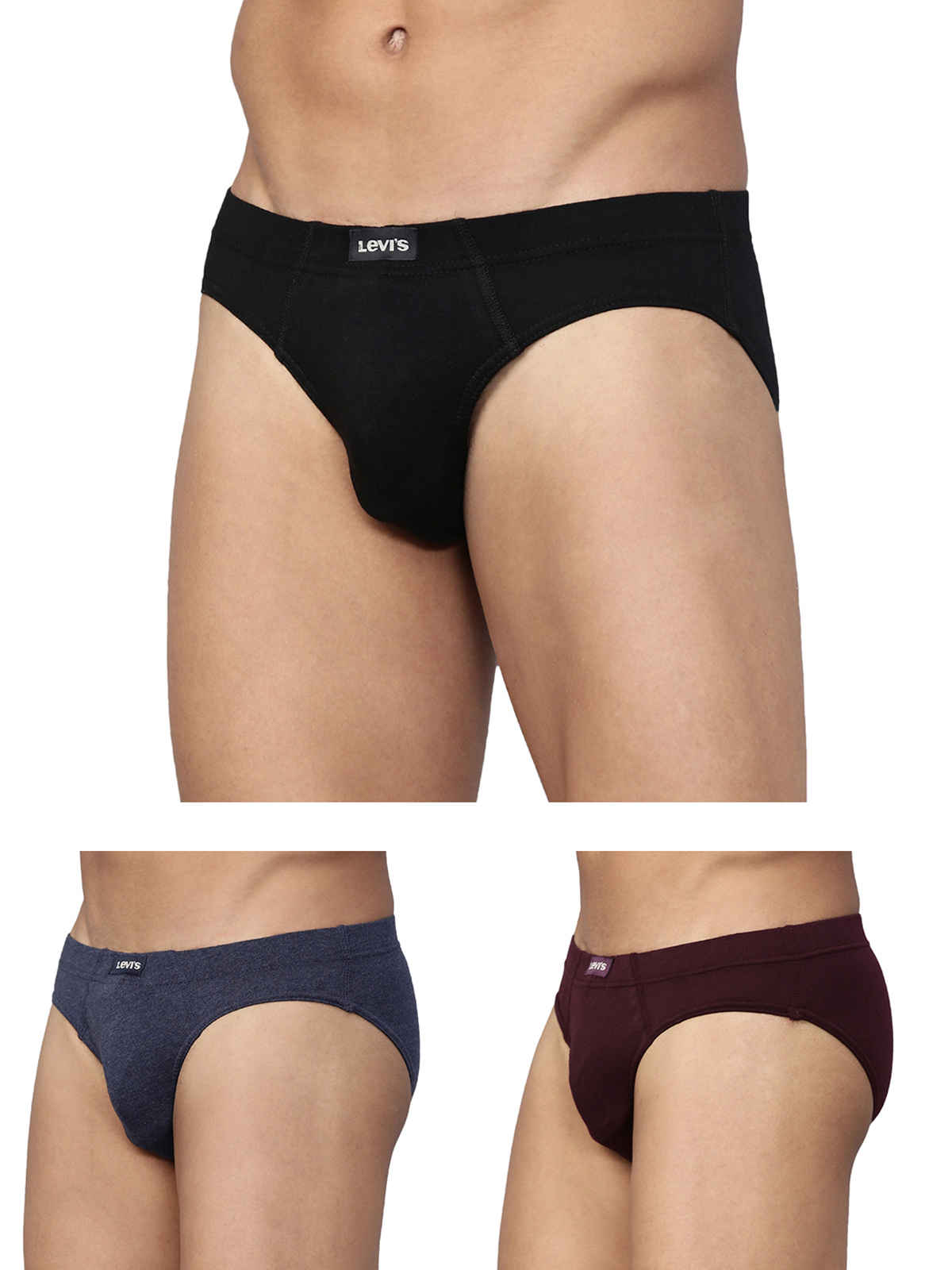 Levi's 011 Men's Comfort Brief | Contoured Double Pouch | Pack of 3 | Black,Navy Mel,Wine | M