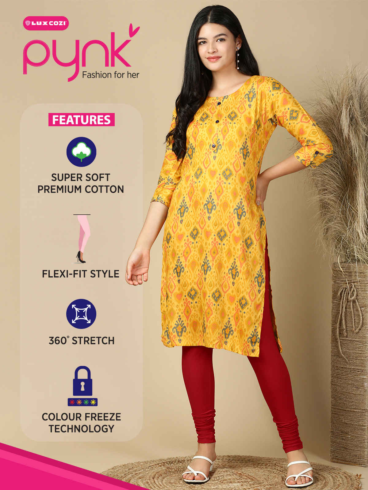 PYNK By Lux Cozi Women Ultra Soft 360 Stretch Premium Cotton Churidar Leggings | Red | Free Size