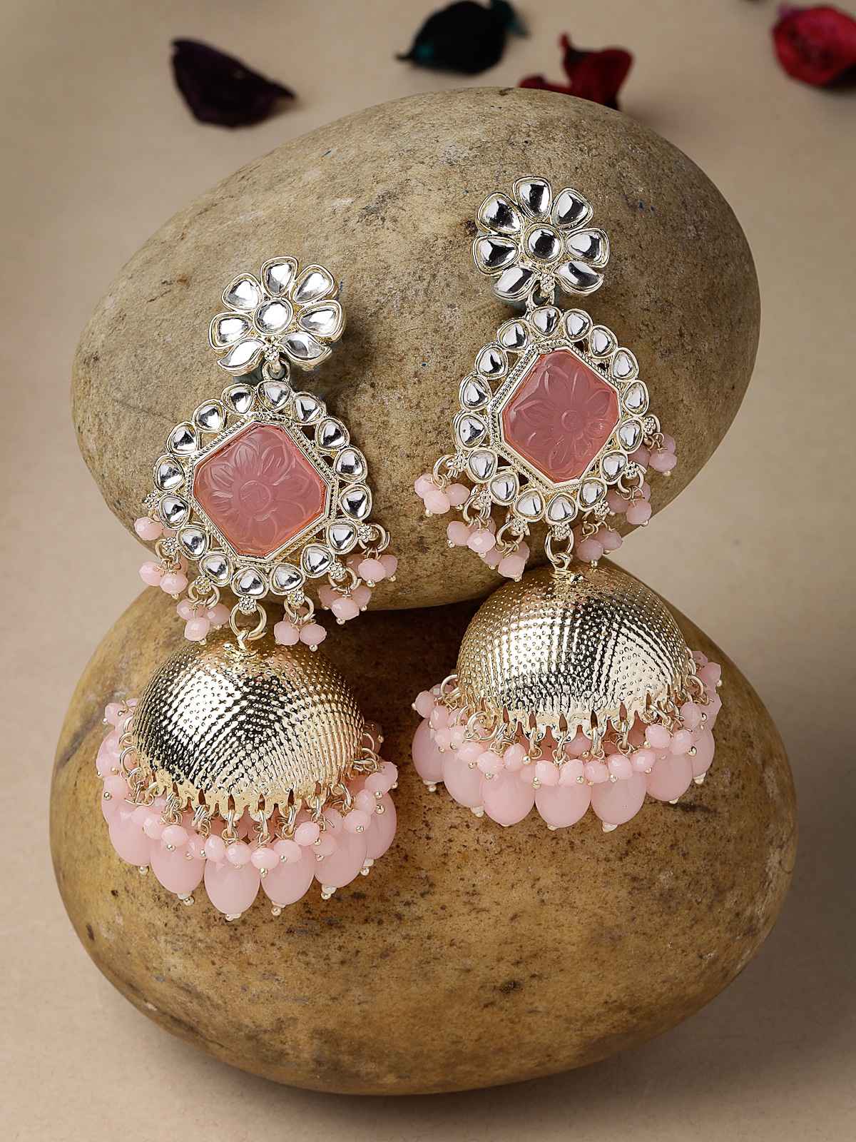 Sukkhi Decent Gold Plated Pink Kundan Studded Jhumka Earrings for Women