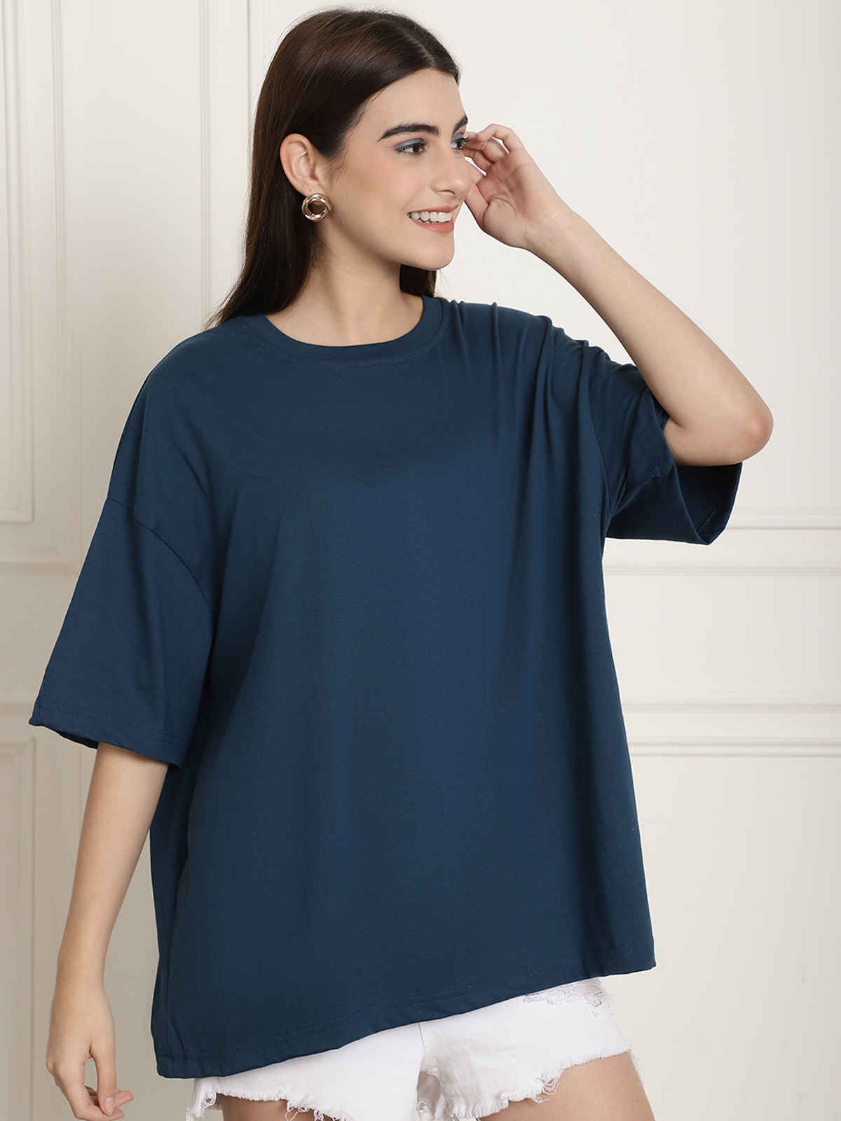 Fabflee Women's Oversize Cotton Printed Round Neck Tshirt | Blue | NEX-OS-507 | L