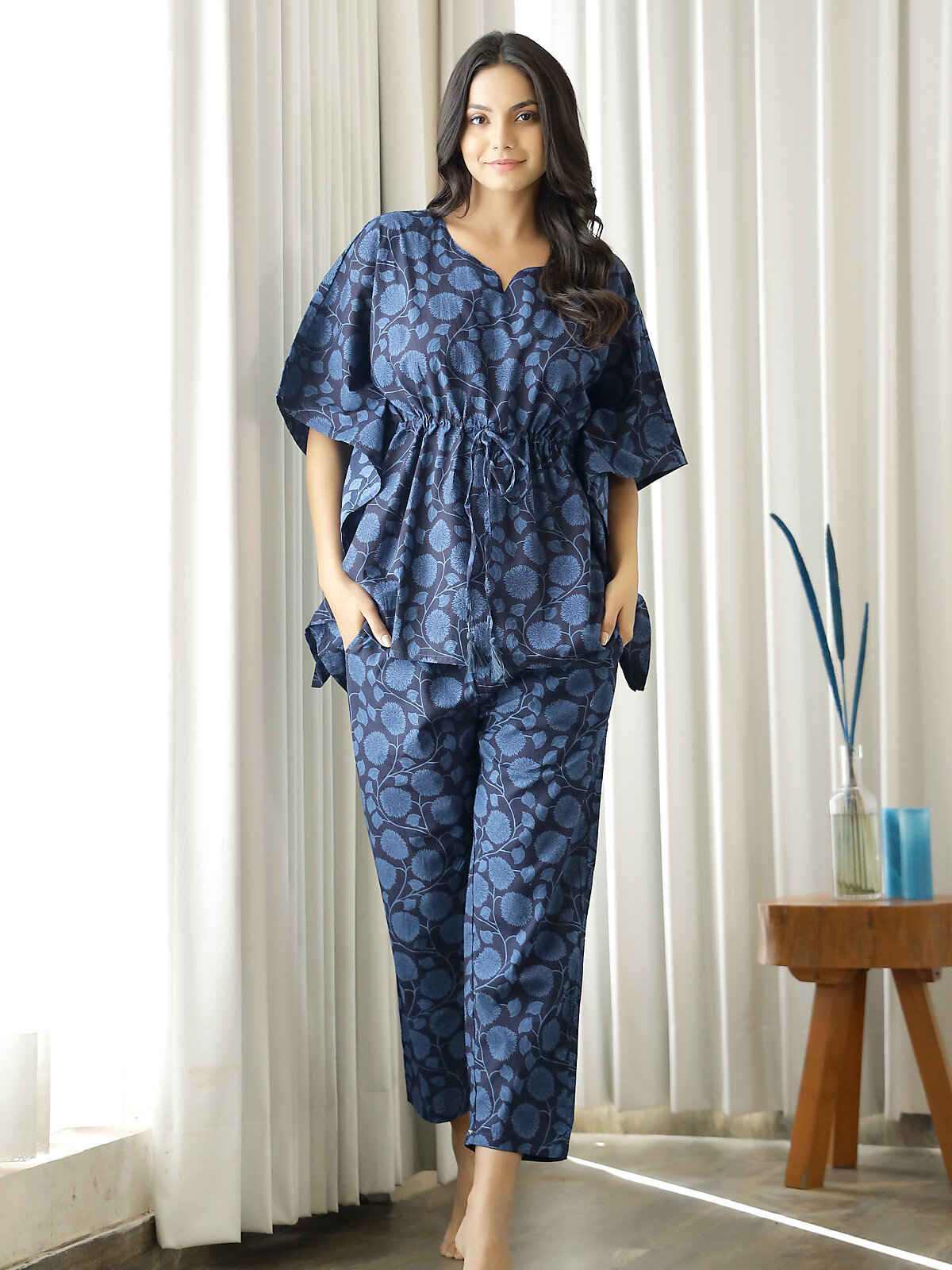 Sanskrutihomes Women's Pure Cotton Night suits | SE-KFP-10 | Navy Blue - XL
