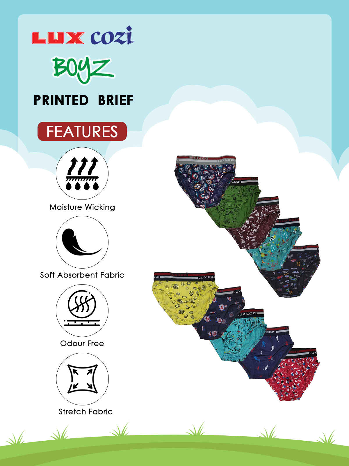 Lux Cozi Boy's Ultra Soft Outer Elastic Printed Briefs | Assorted - 75 cm