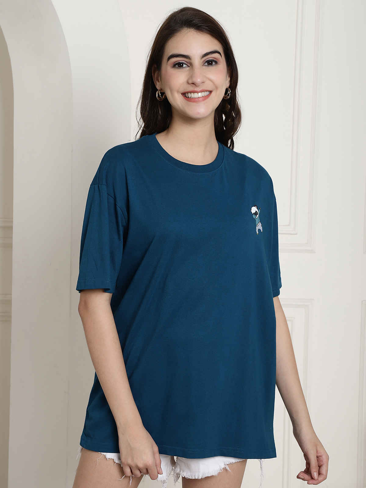 Fabflee Women's Oversize Cotton Printed Round Neck Tshirt | Blue | NEX-OS-503 | XL