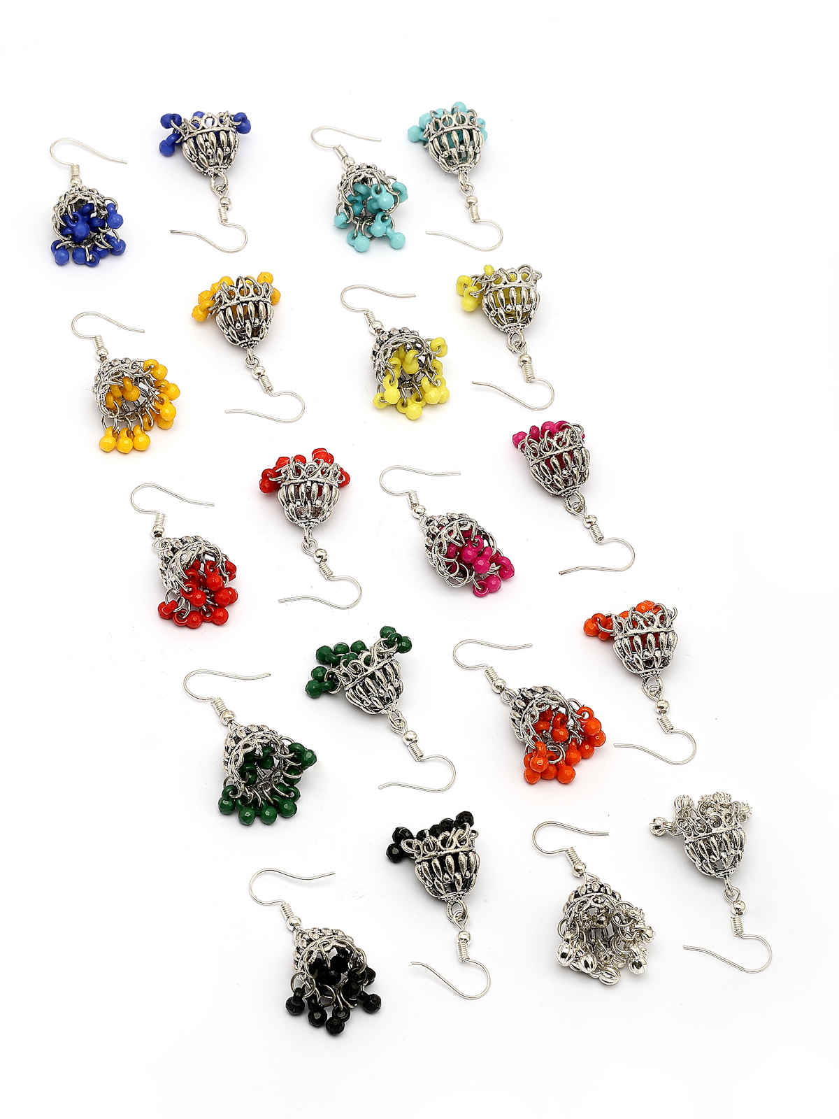 Sukkhi Oxidised Silver Plated Multicolor Beaded Mini Jhumka/Jhumki Earring Combo | CBE107305