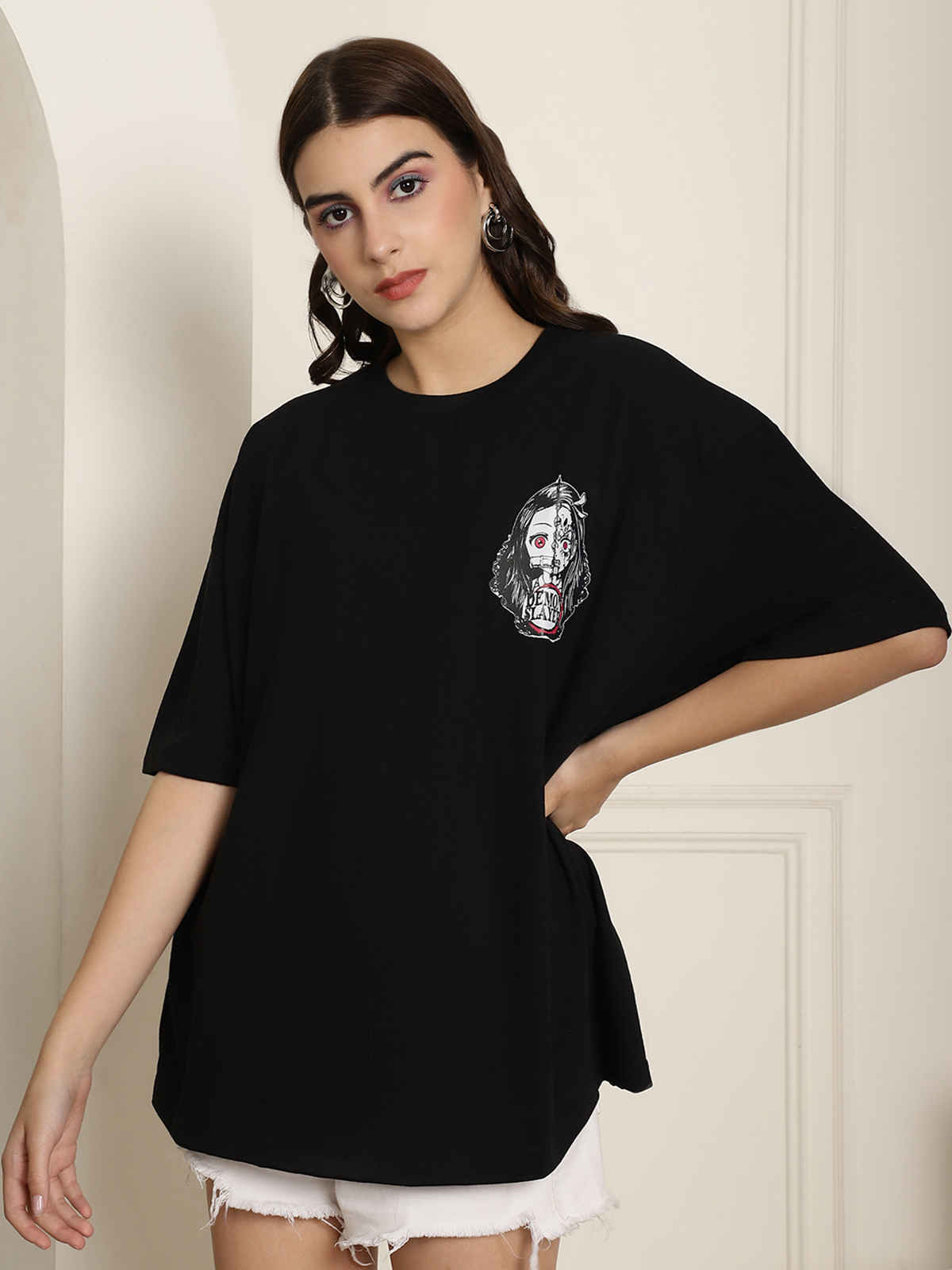 Fabflee Women's Oversize Cotton Printed Round Neck Tshirt | Black | NEX-OS-512 | L