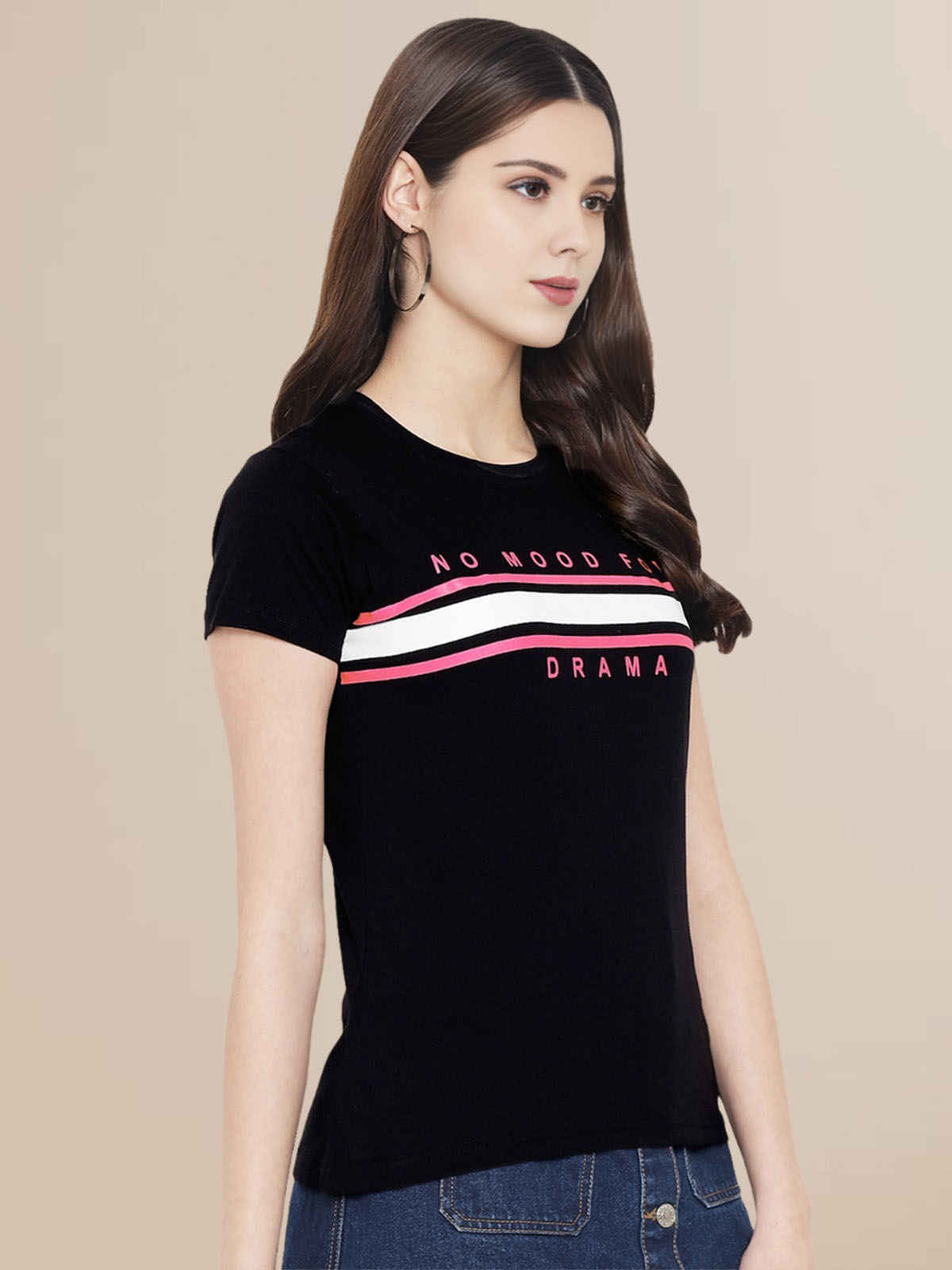 Fabflee Women's Regular Cotton Printed Round Neck Tshirt | Black | NEX-WT-08 | M