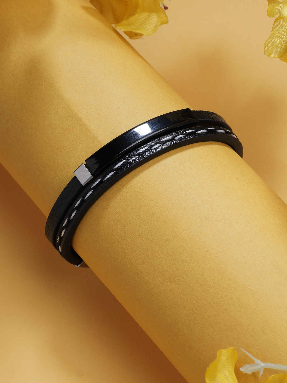 Scintillare By Sukkhi Charming Leather Silicon Wristband Black Bracelet for Men & Boys Unisex