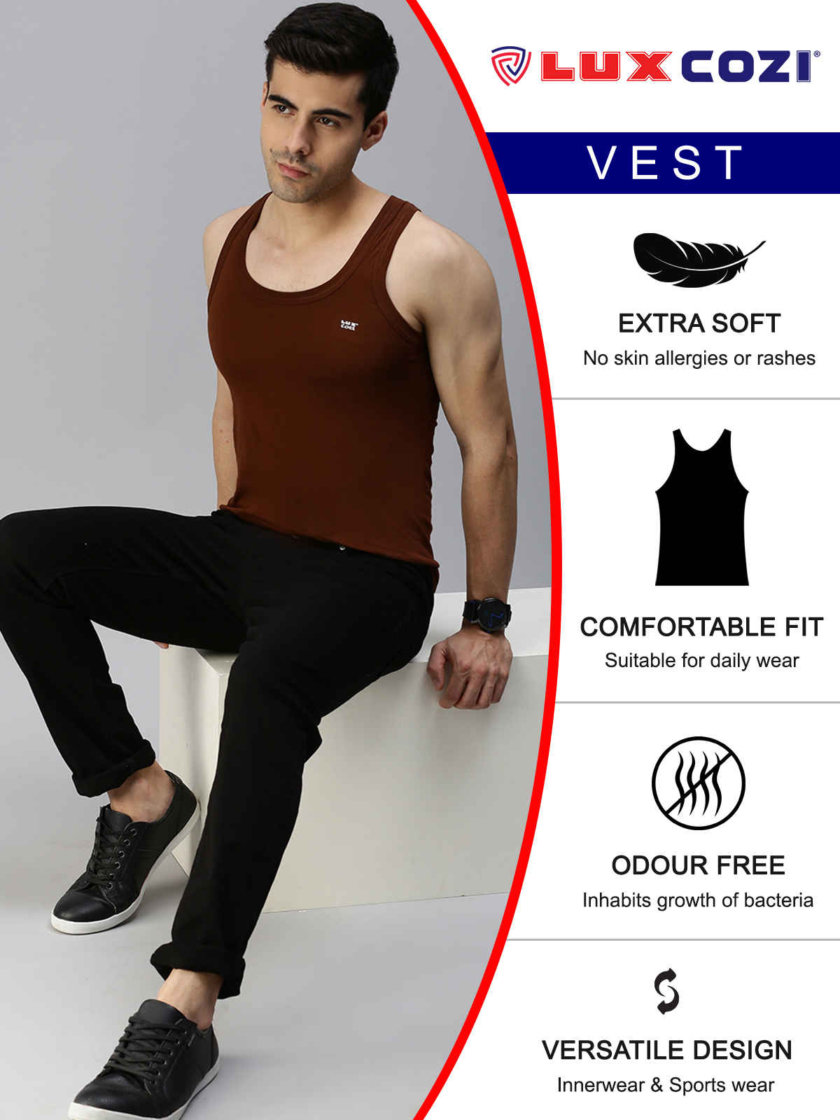 Lux Cozi Men's Colour Cotton Vest | Assorted | 75 - Pack of 3