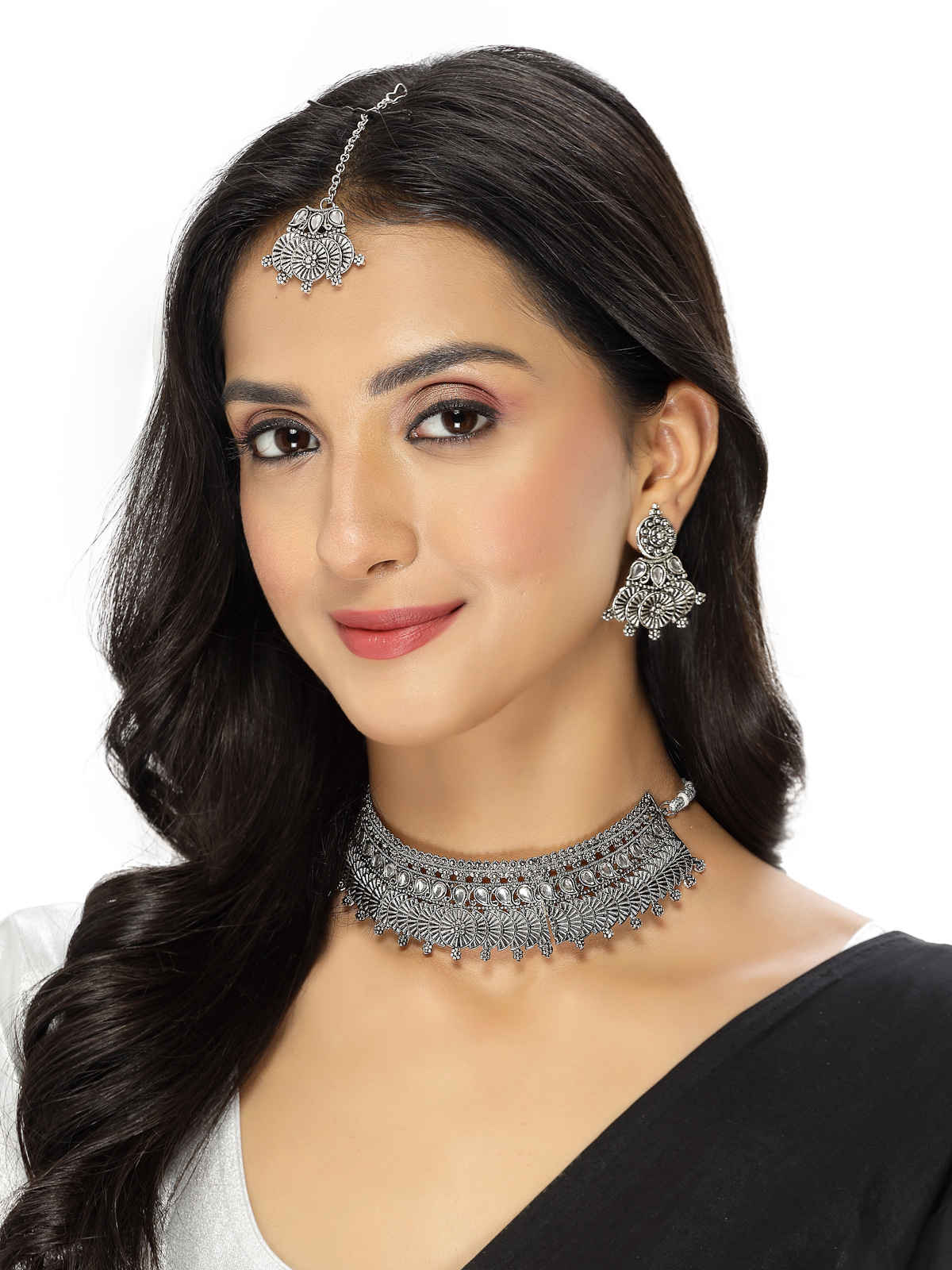 Sukkhi Oxidised Silver Plated Choker Necklace Set With Earring Mangtikka Set|NS105642 | NS105642