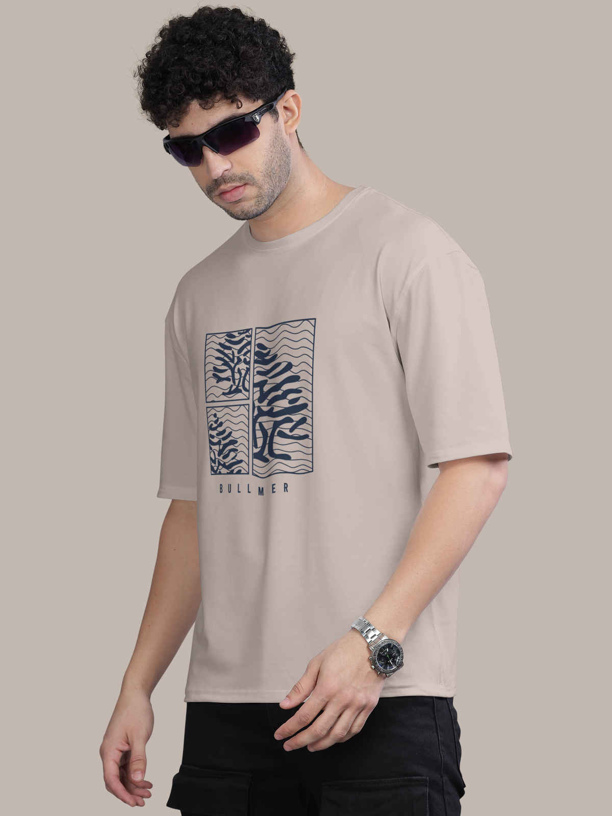 Bullmer Men's Oversized T-shirt Front Printed | Beige | M