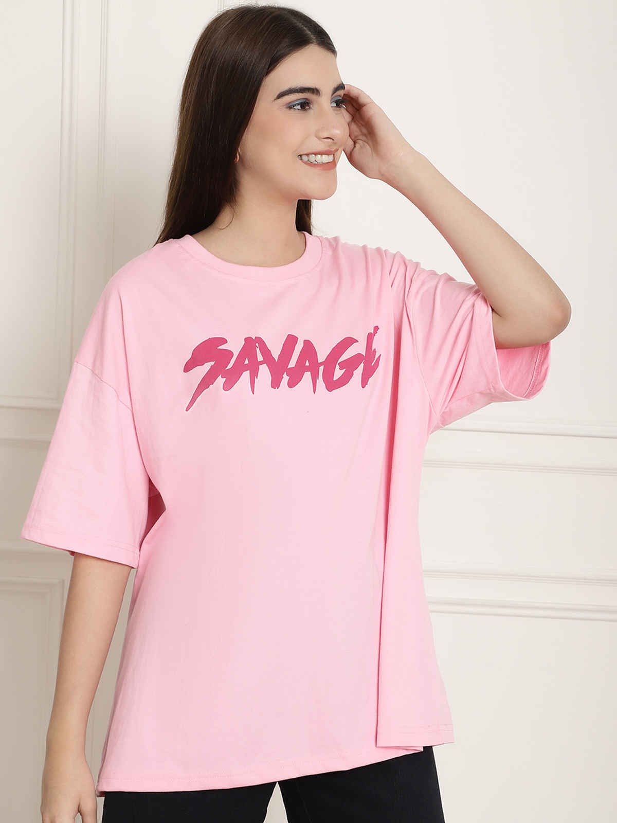 Fabflee Women's Oversize Cotton Printed Round Neck Tshirt | Pink | NEX-OS-509 | L