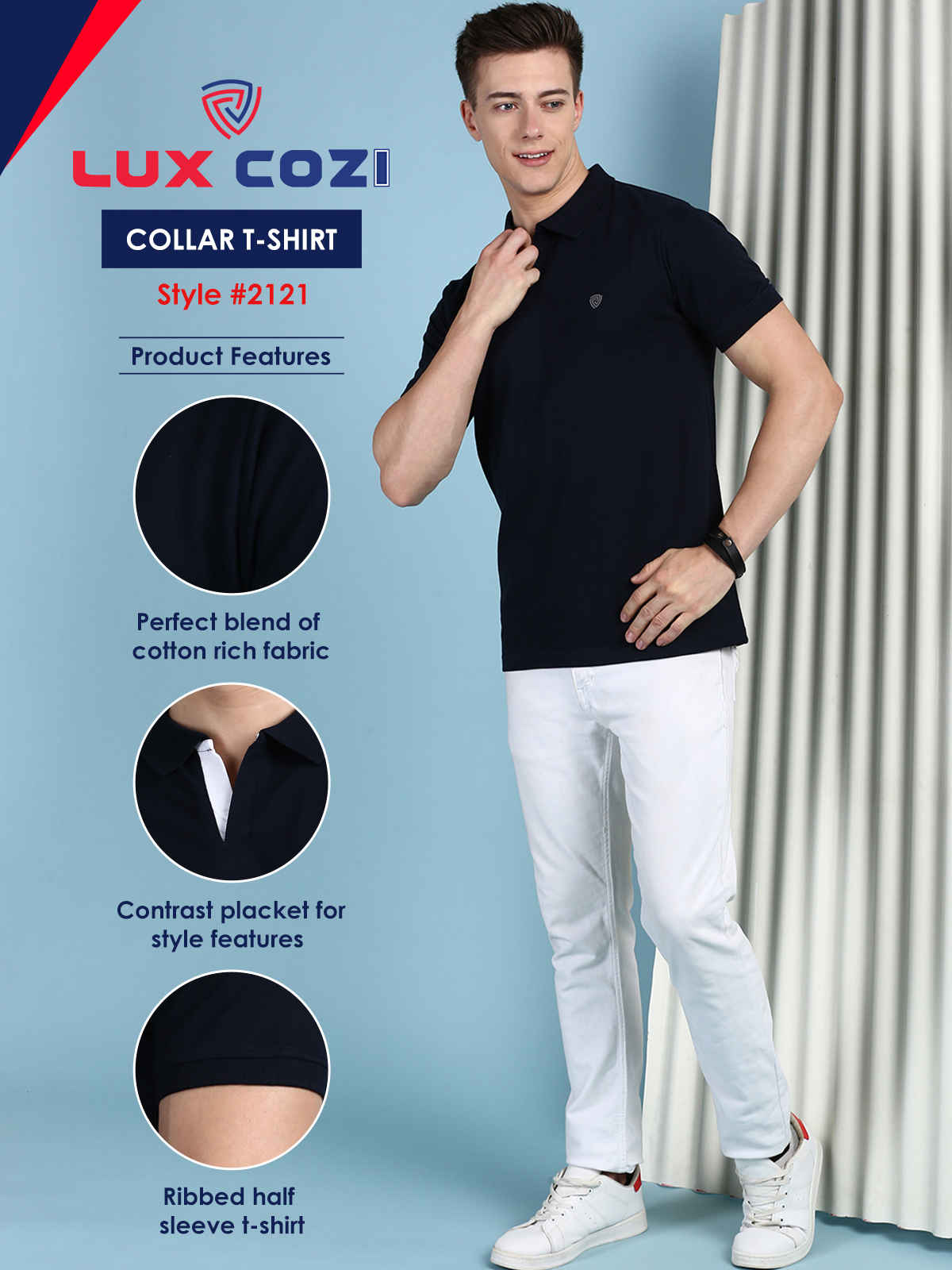 Lux Cozi Men's Solid Cotton Polo T-shirt | Navy - M