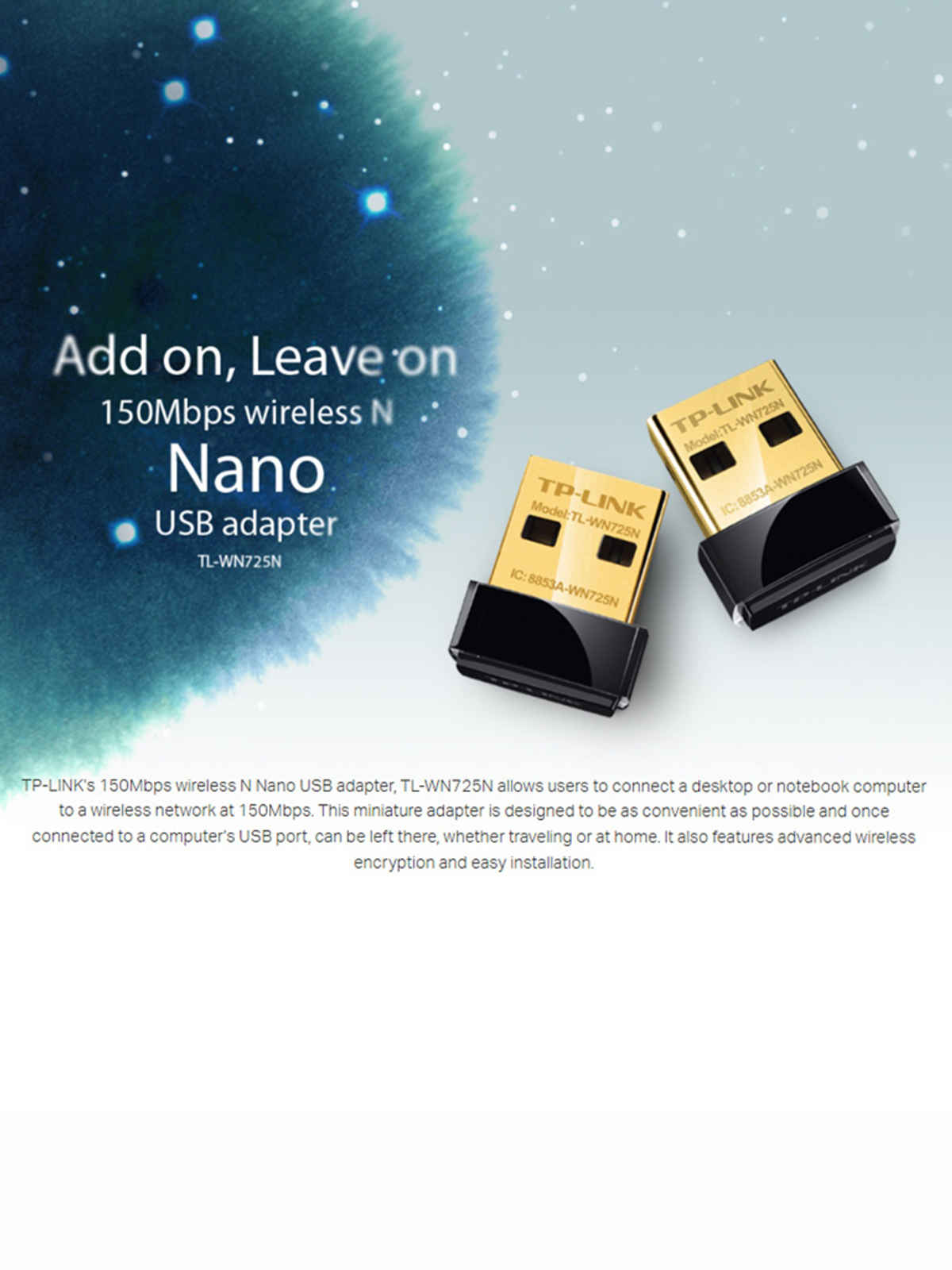 TP-Link TL-WN725N 150Mbps Wireless Network Nano USB Adapter for PC - Black