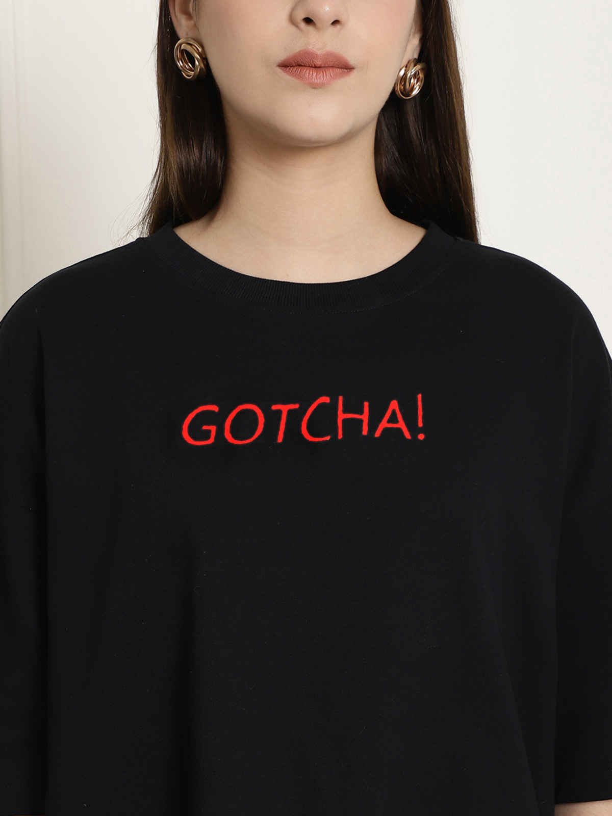 Fabflee Women's Oversize Cotton Printed Round Neck Tshirt | Black | NEX-OS-504 | M