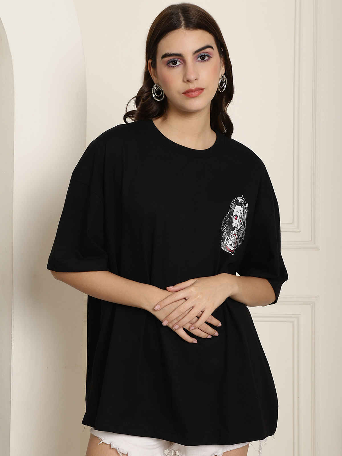 Fabflee Women's Oversize Cotton Printed Round Neck Tshirt | Black | NEX-OS-512 | L