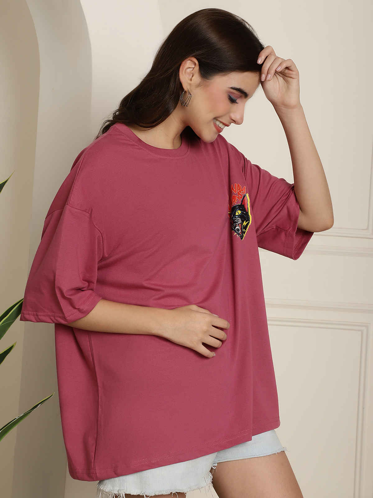 Fabflee Women's Oversize Cotton Printed Round Neck Tshirt | Pink | NEX-OS-502 | L