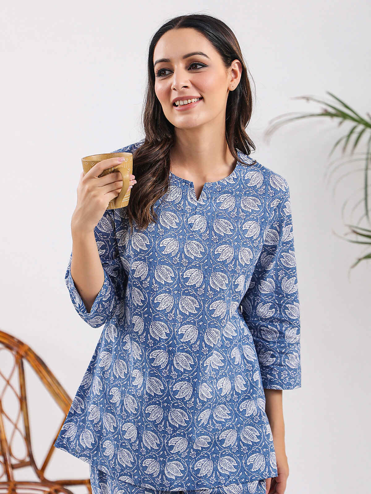 Sanskrutihomes Printed Pure Cotton Night Suit | Blue - S