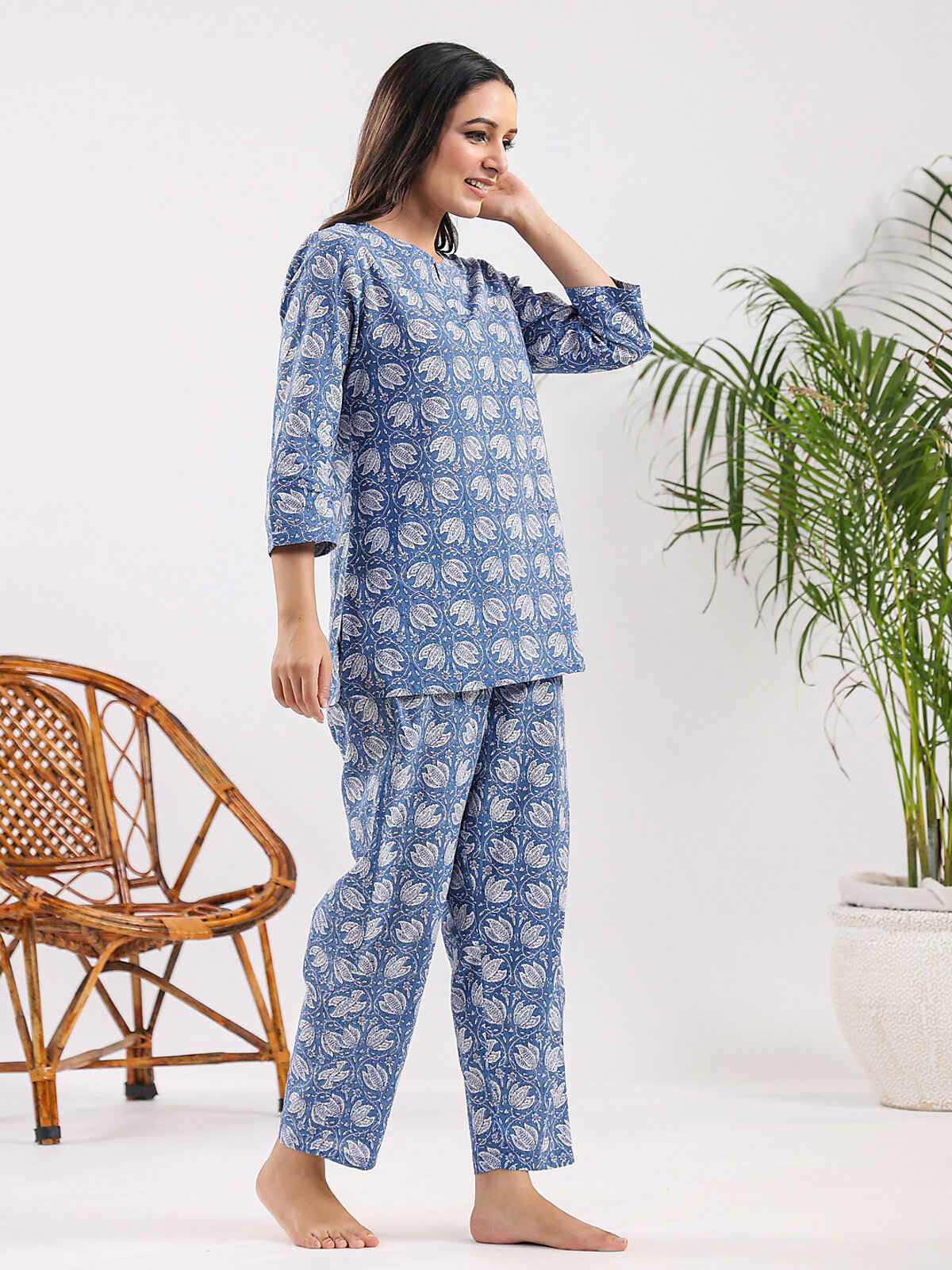 Sanskrutihomes Printed Pure Cotton Night Suit | Blue - S