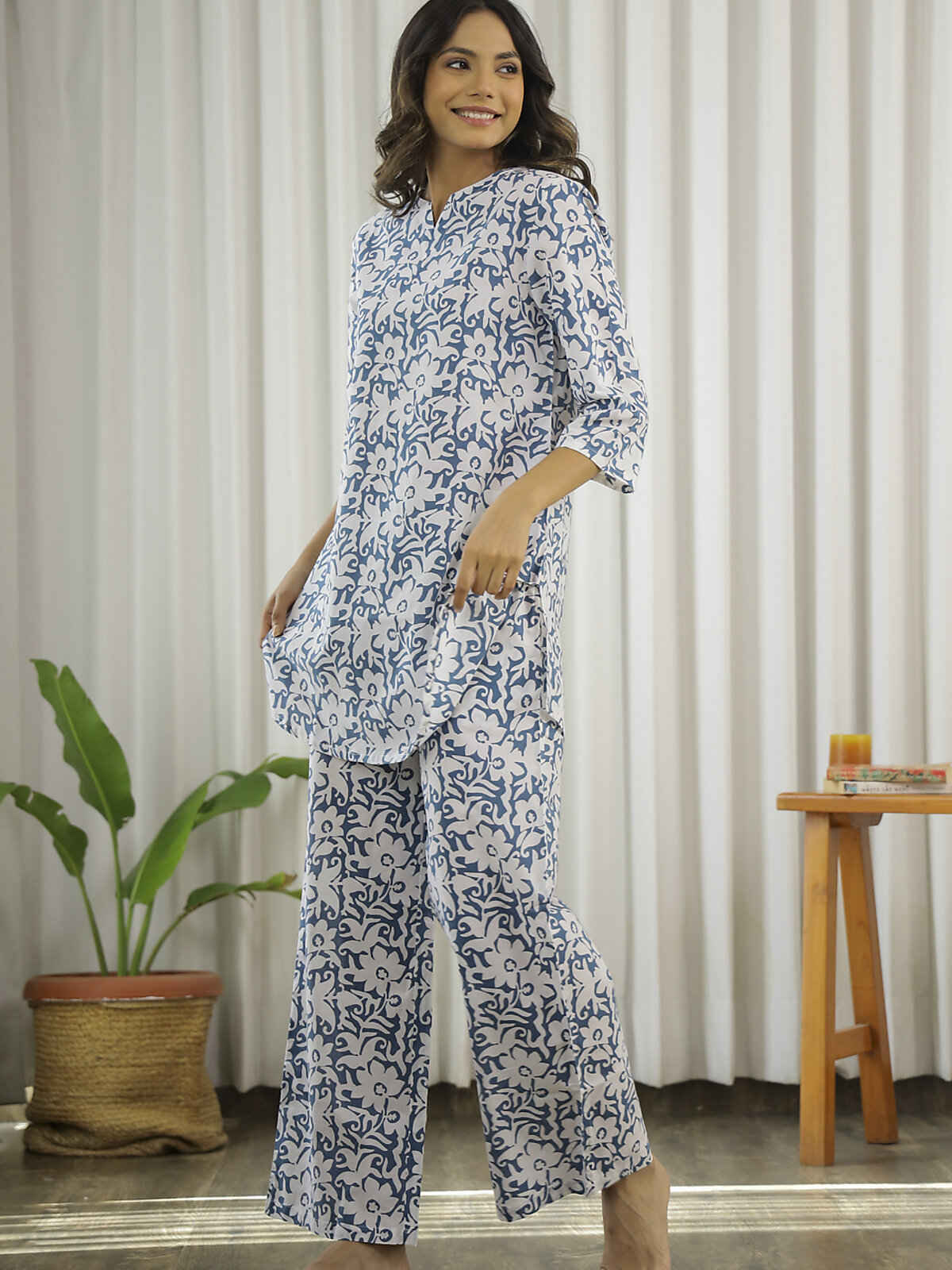 Sanskrutihomes Shirt Collar Pure Cotton Night Suit | Blue - S