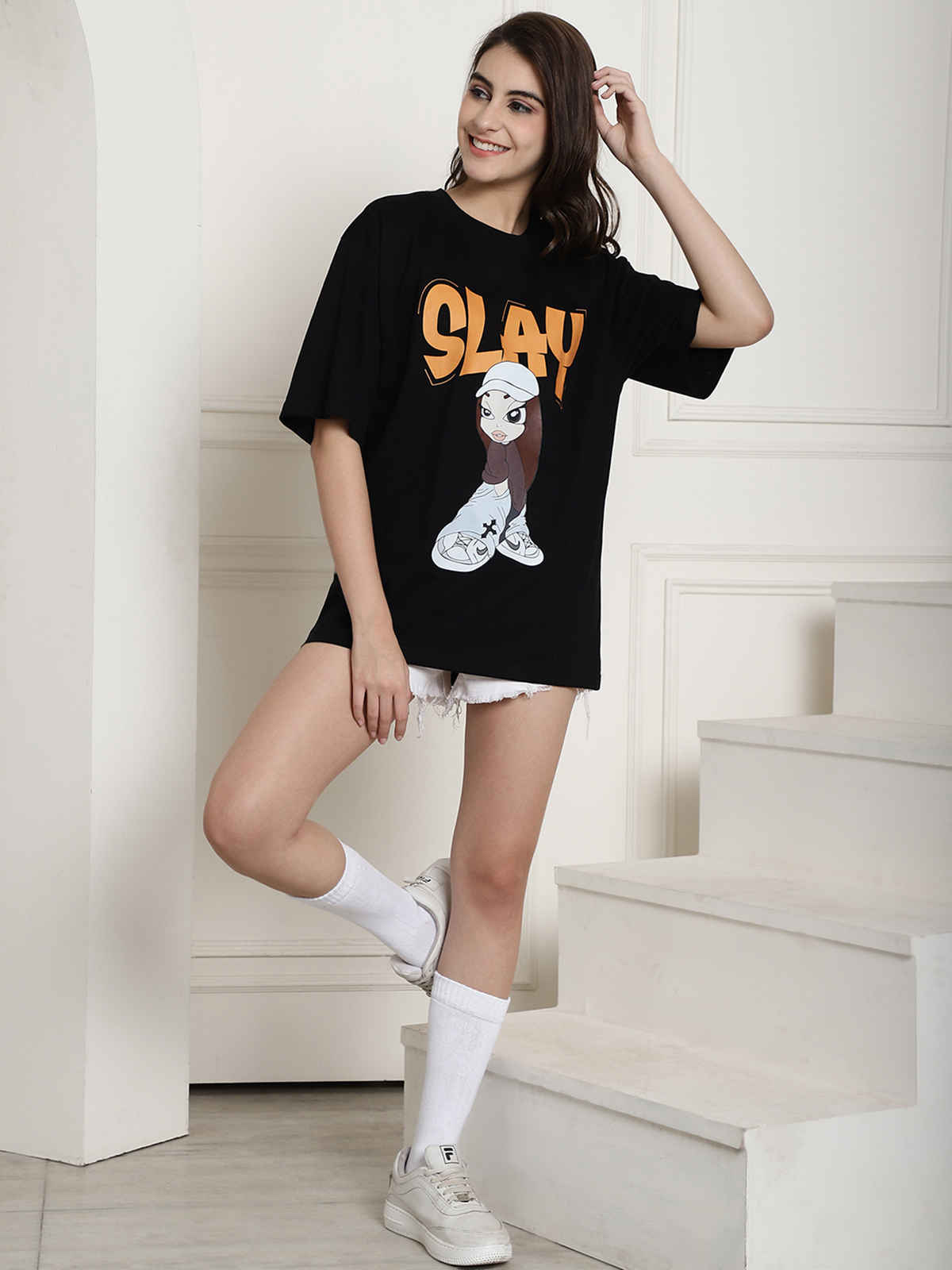 Fabflee Women's Oversize Cotton Printed Round Neck Tshirt | Black | NEX-OS-501 | M
