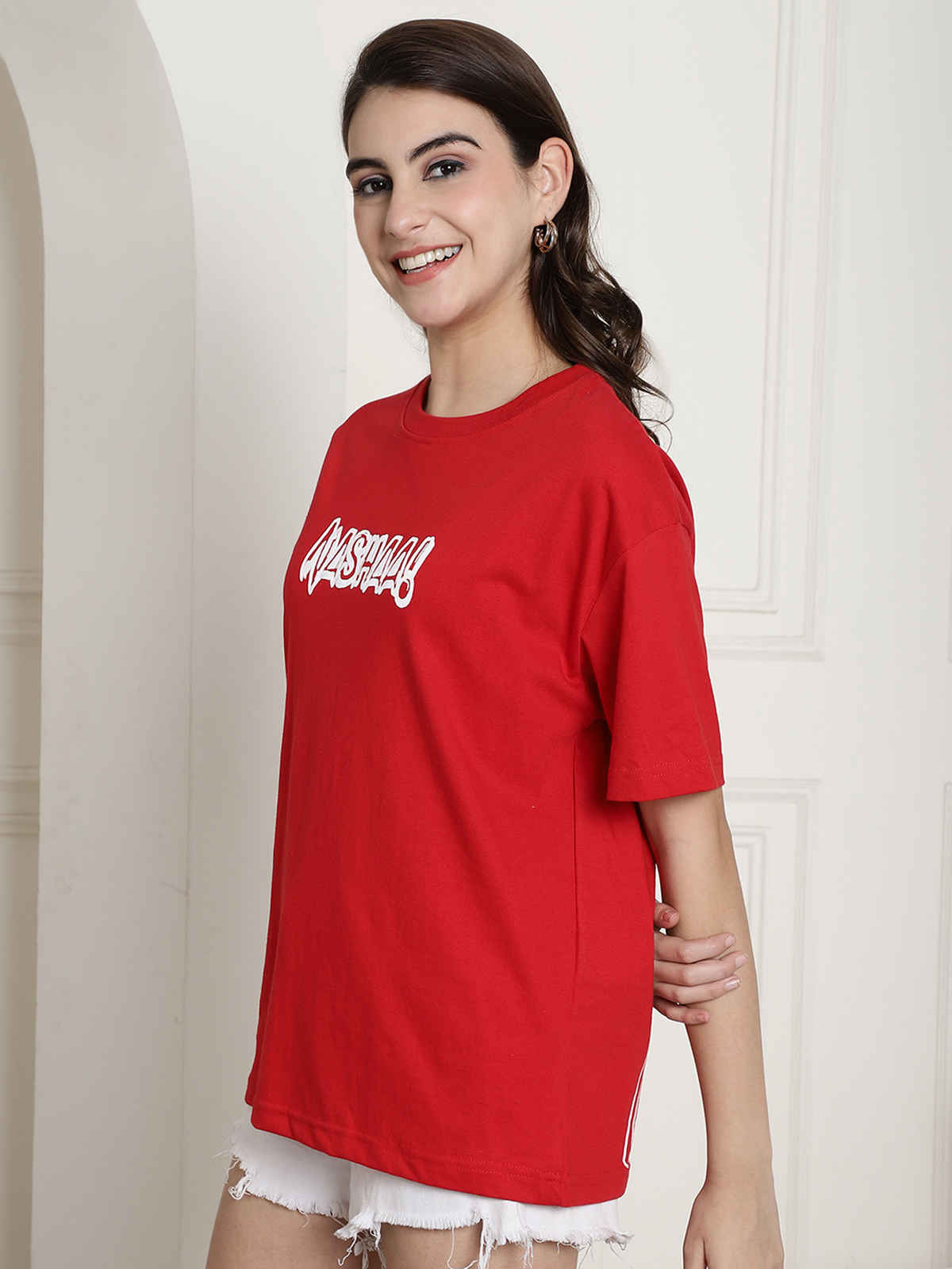 Fabflee Women's Oversize Cotton Printed Round Neck Tshirt | Red | NEX-OS-505 | L