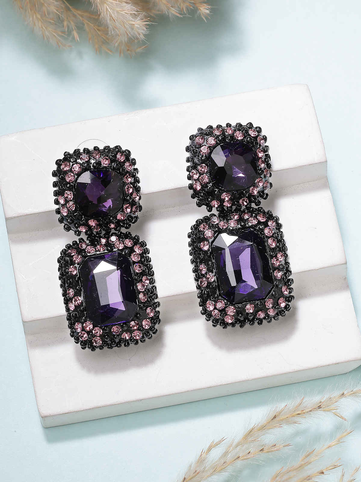 Scintillare By Sukkhi Glittering Square Shaped Crystal Purple Drop Dangle Earrings For Women