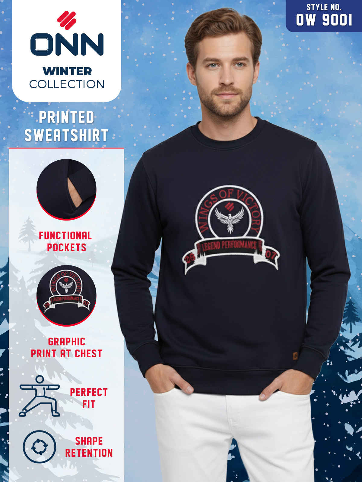 Onn Men's Ultra-Soft Printed Sweatshirt | Navy - S