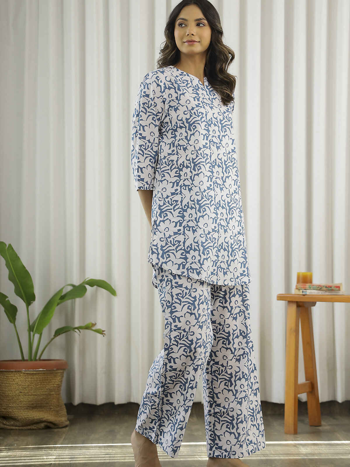 Sanskrutihomes Shirt Collar Pure Cotton Night Suit | Blue - S