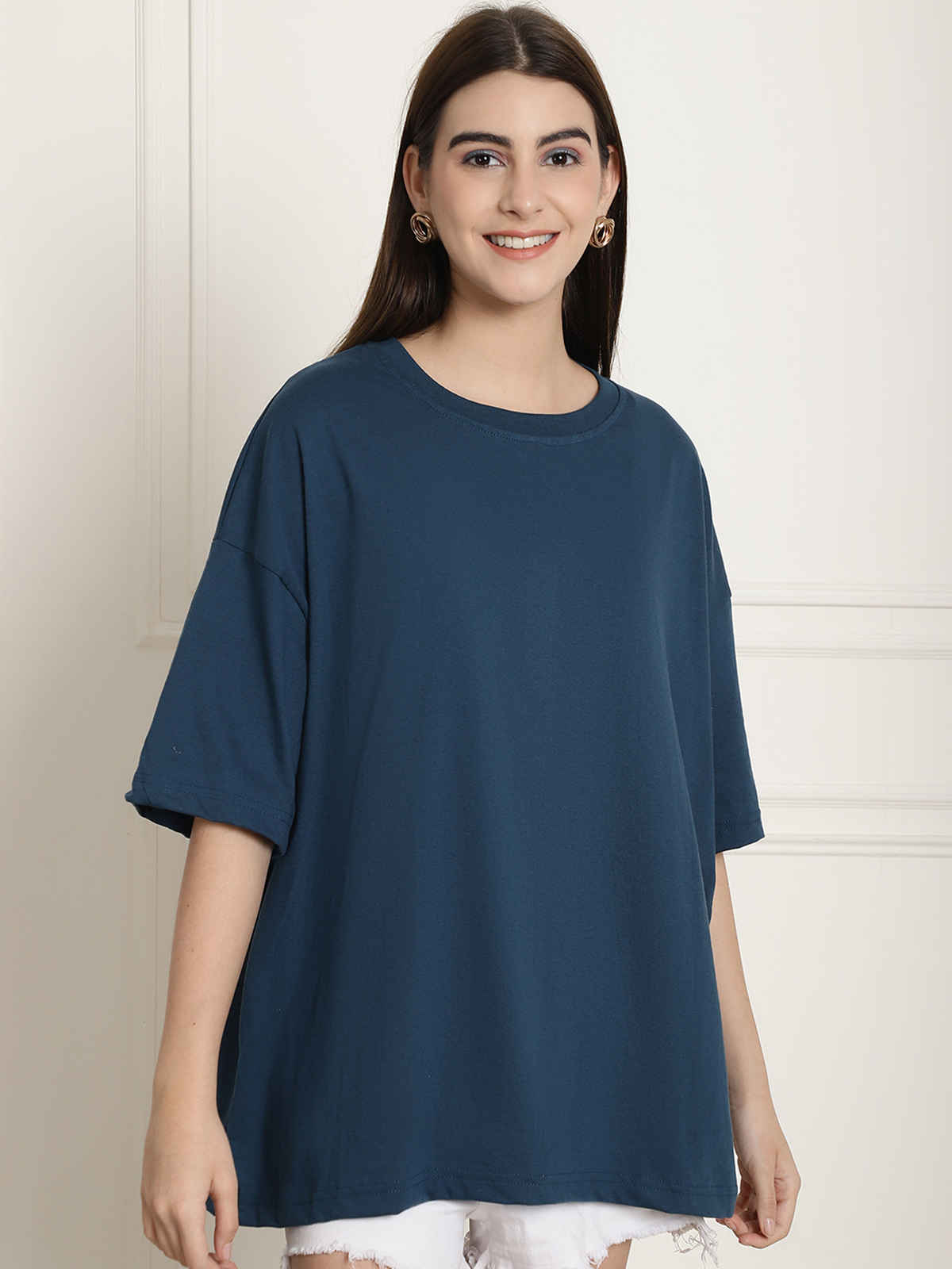 Fabflee Women's Oversize Cotton Printed Round Neck Tshirt | Blue | NEX-OS-507 | L
