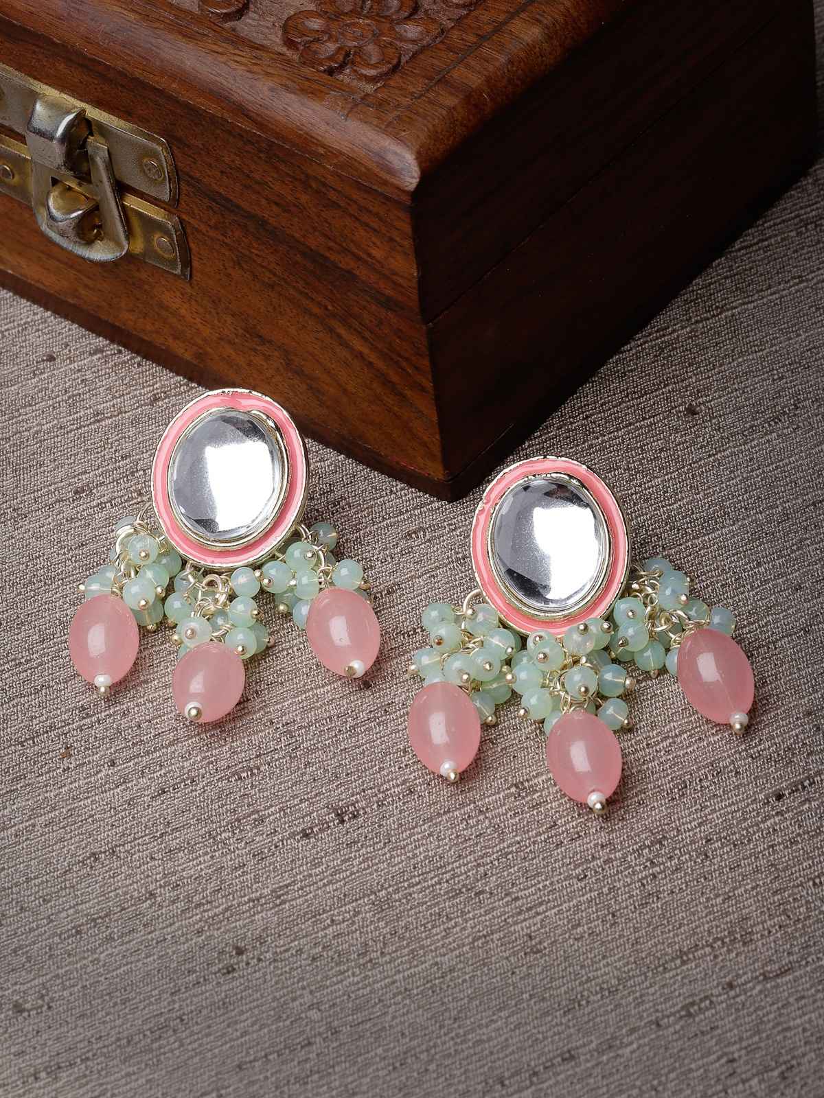 Studio Sukkhi Stylish Gold Plated Pink & White Kundan Meenakari Drop Earrings for Women